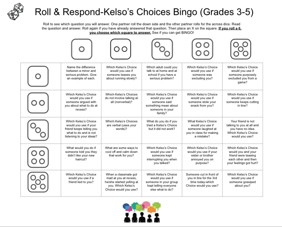 An educational teaching resource from Jennifer Moyer Taylor entitled Roll & Respond-Kelso's Choices SEL Bingo Game (Grades 3-5) downloadable at Teach Simple.