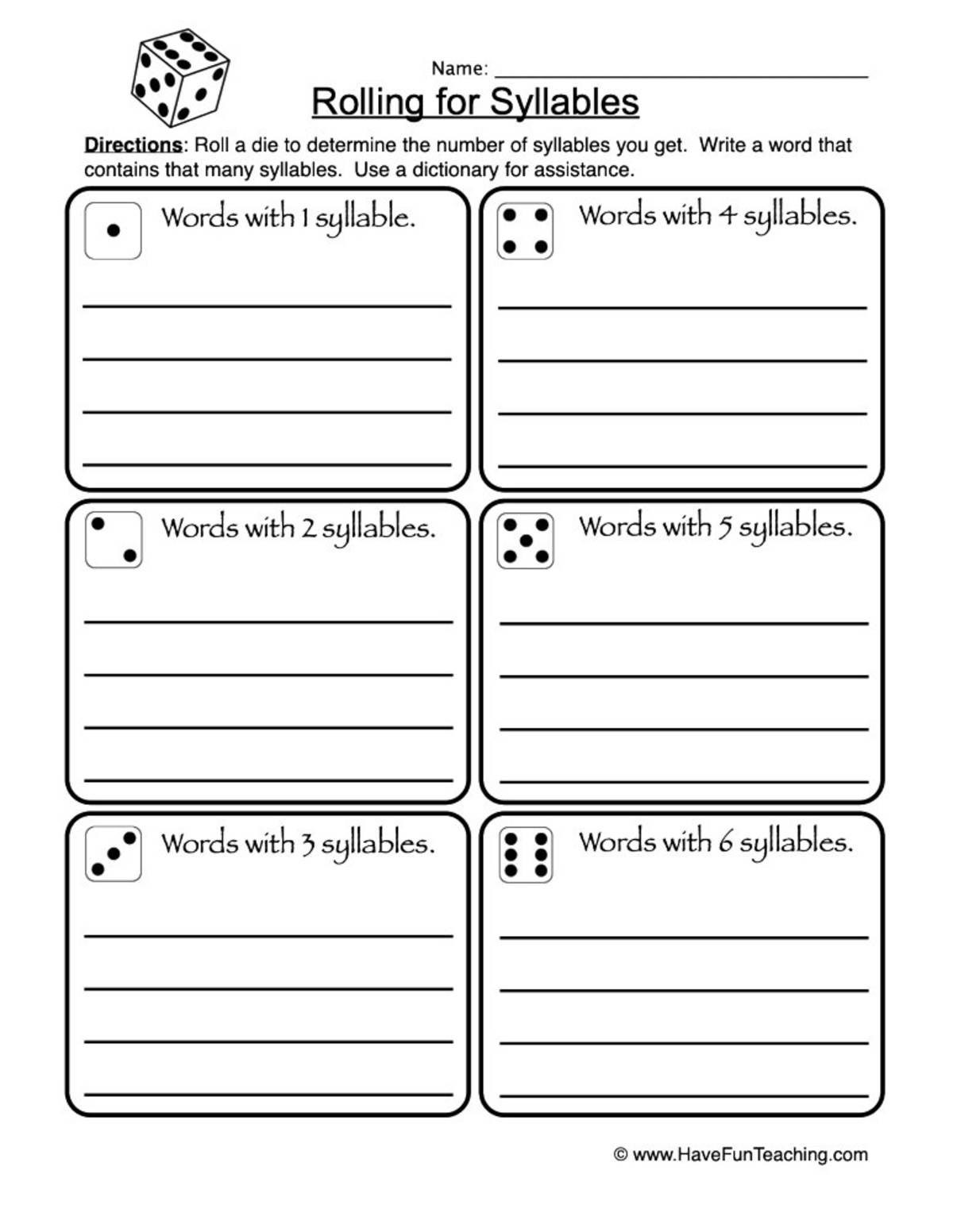 An educational teaching resource from Have Fun Teaching entitled Rolling for Syllables Worksheet downloadable at Teach Simple.