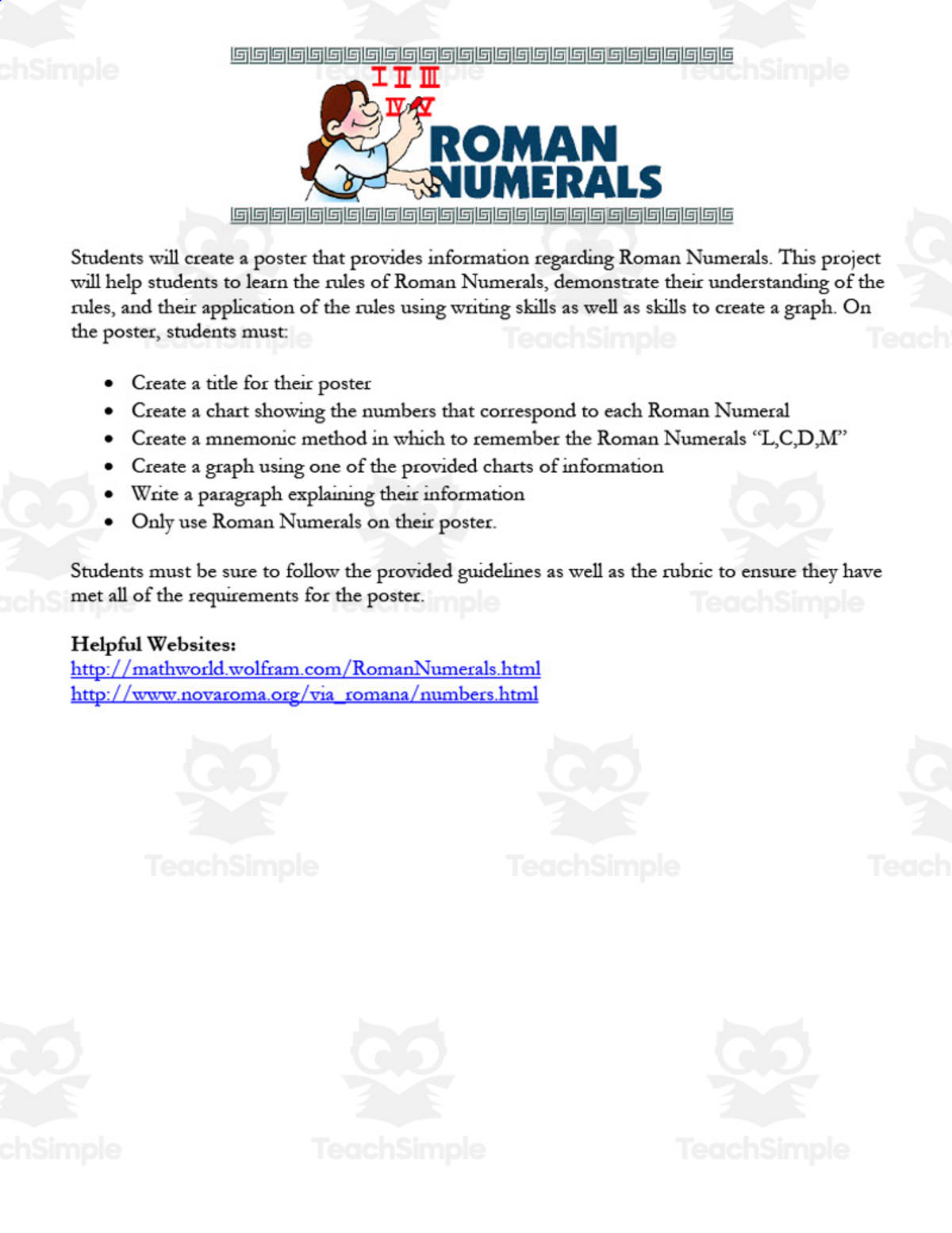 An educational teaching resource from Mister G's Teacher Shop entitled Roman Numerals Poster Project downloadable at Teach Simple.