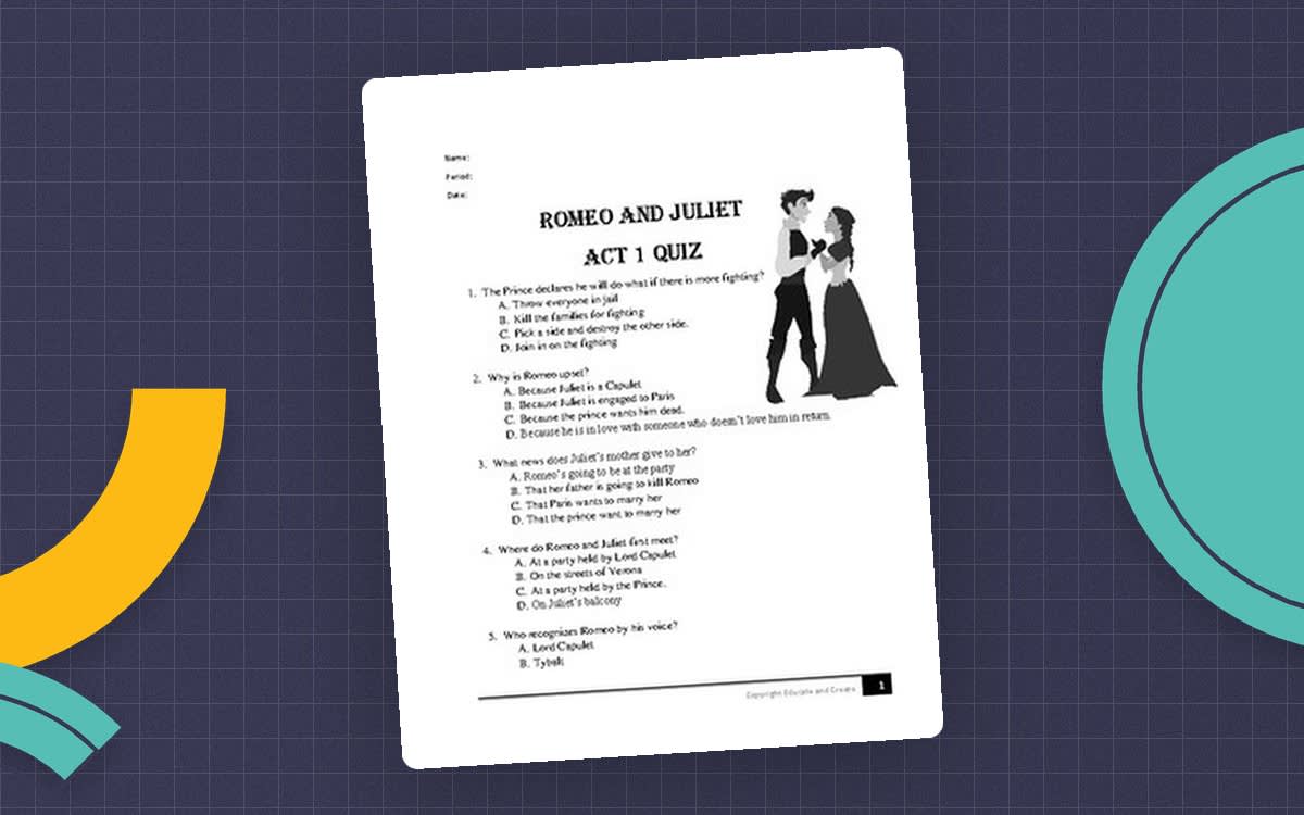 An educational teaching resource from Educate and Create entitled Romeo and Juliet Act 1 Quiz – 12 Questions downloadable at Teach Simple.