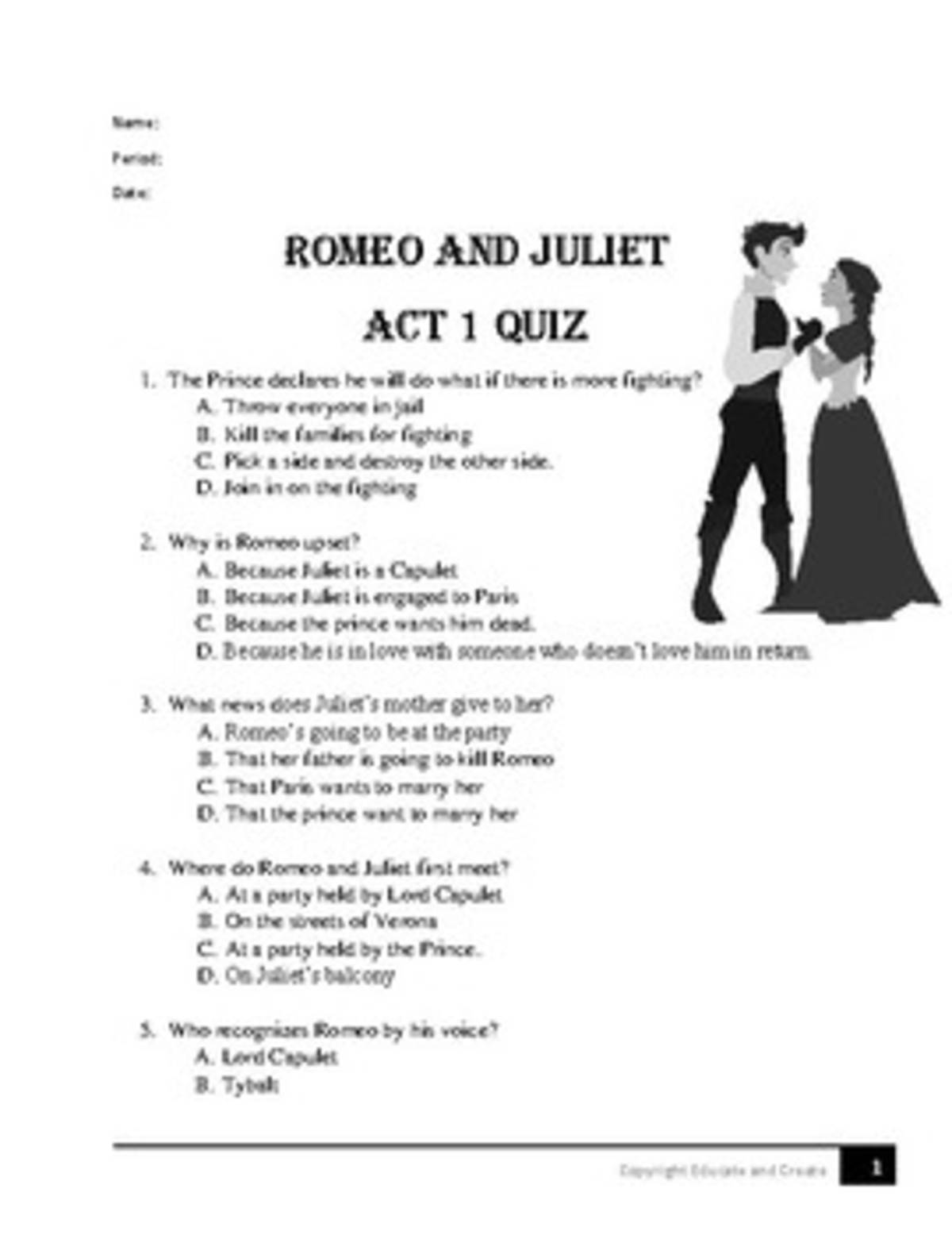 An educational teaching resource from Educate and Create entitled Romeo and Juliet Act 1 Quiz downloadable at Teach Simple.