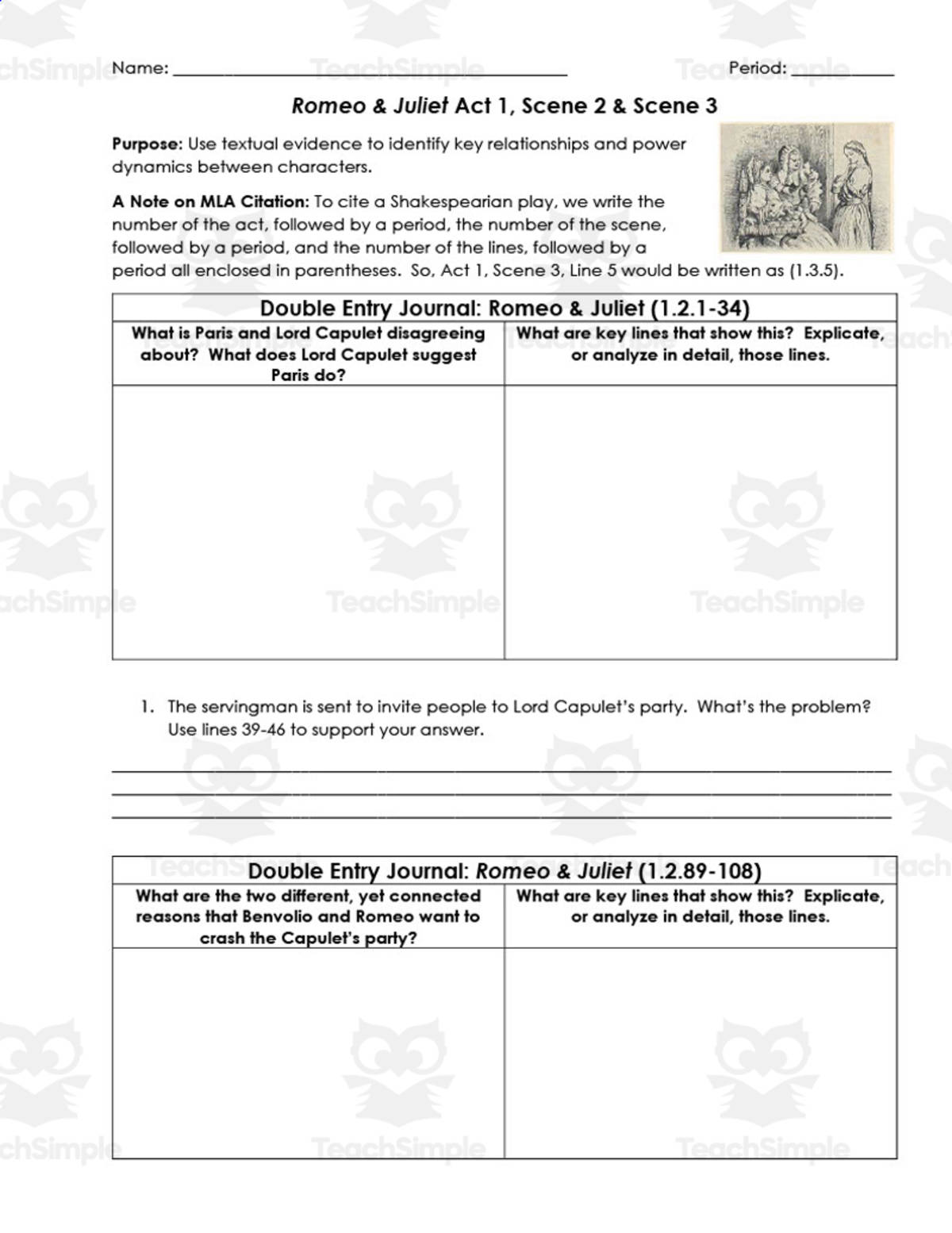 An educational teaching resource from ELA Resources entitled Romeo and Juliet Act 1 Scenes 2-3 – Journal downloadable at Teach Simple.