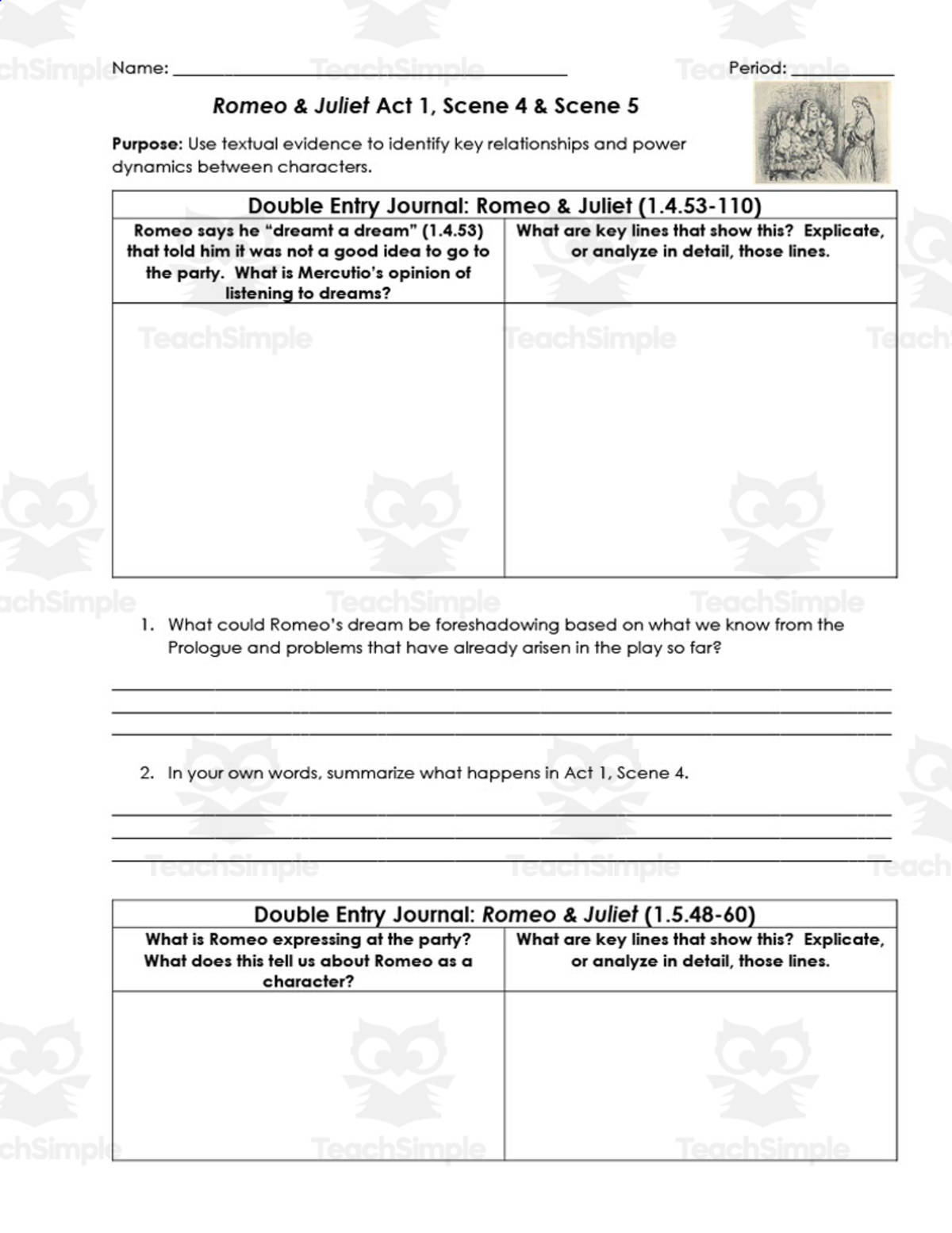 An educational teaching resource from ELA Resources entitled Romeo and Juliet Act 1, Scenes 4-5 | Double Entry Journals downloadable at Teach Simple.