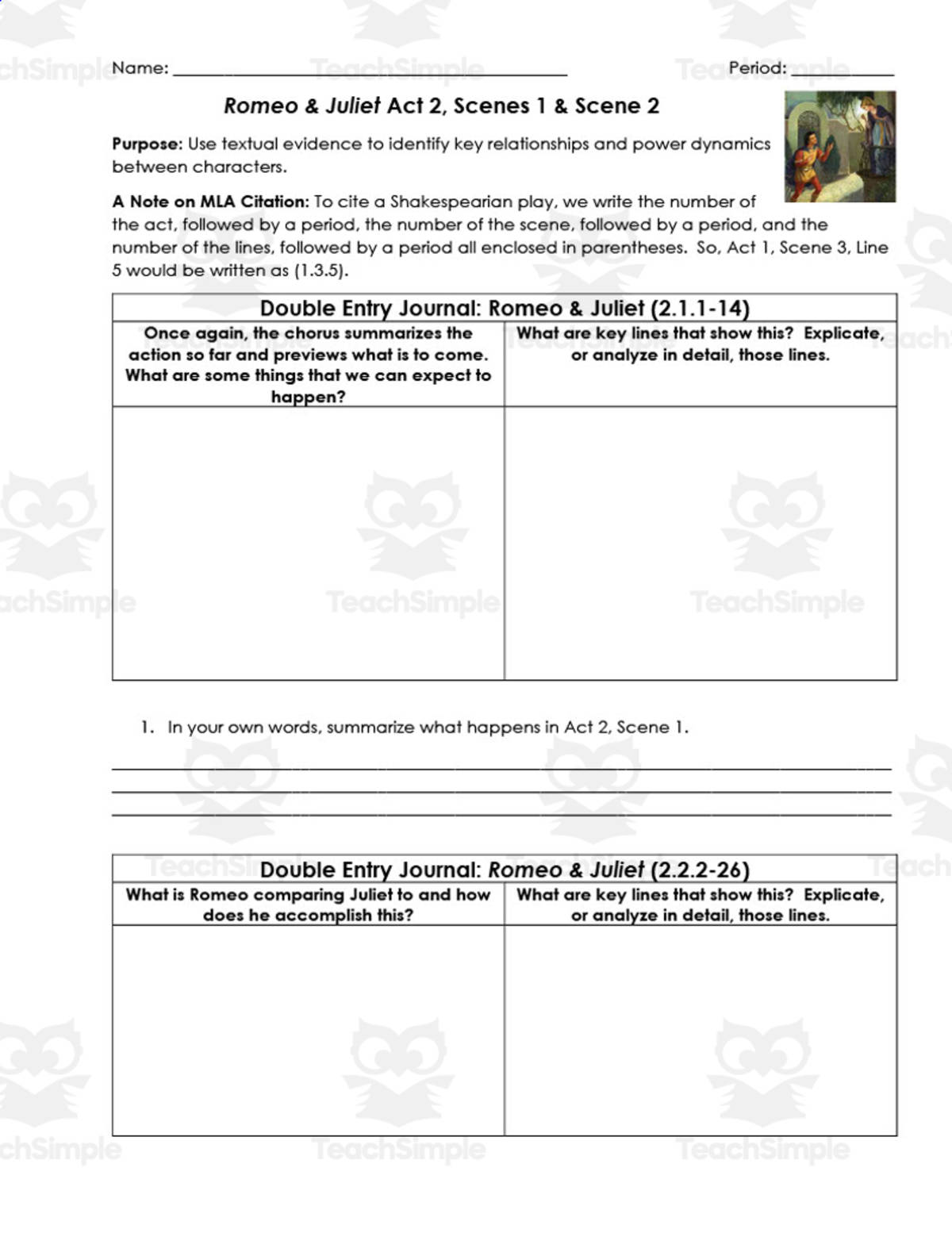 An educational teaching resource from ELA Resources entitled Romeo and Juliet Act 2, Scenes 1-2 | Double Entry Journals downloadable at Teach Simple.