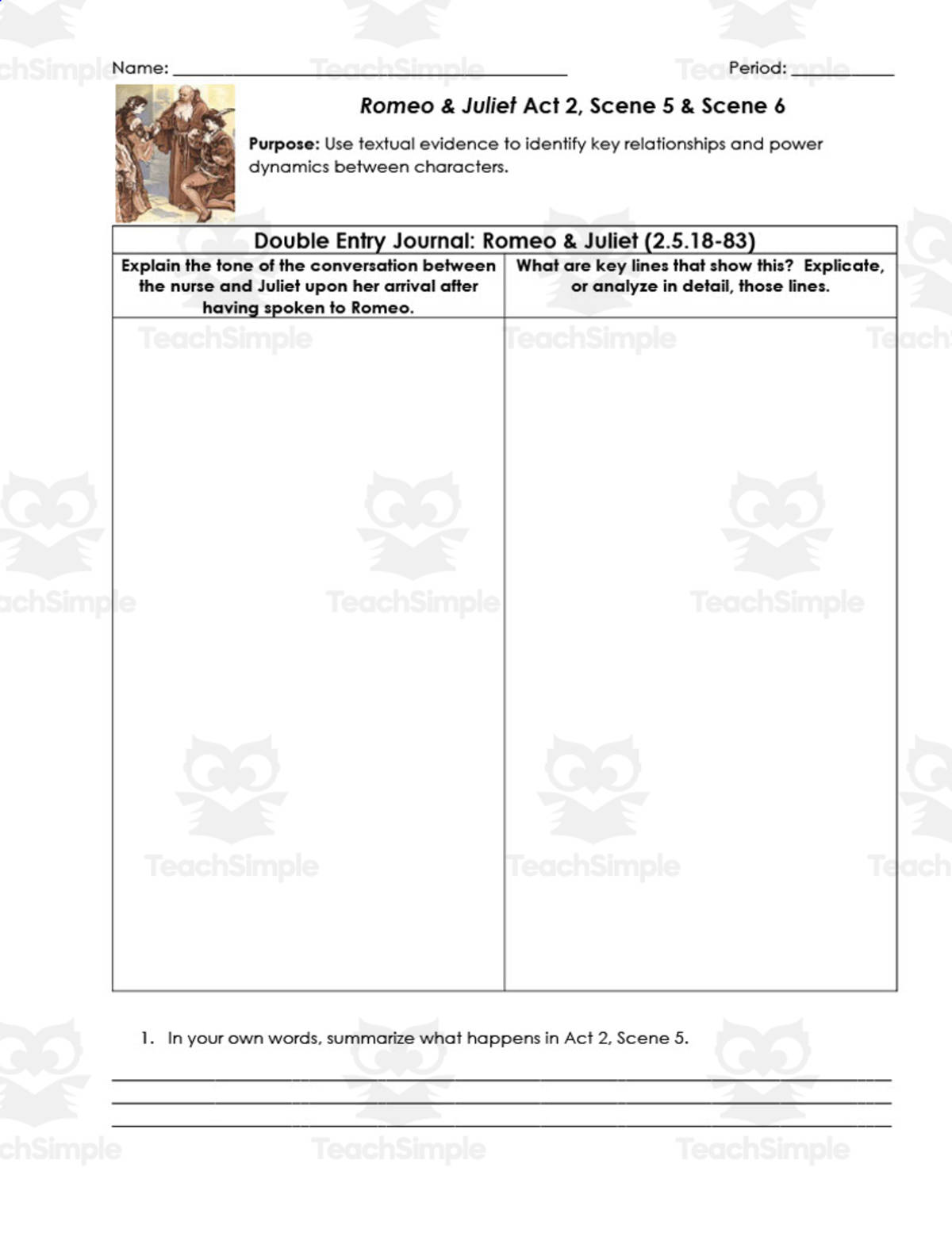 An educational teaching resource from ELA Resources entitled Romeo and Juliet Act 2, Scenes 5-6 | Double Entry Journals downloadable at Teach Simple.