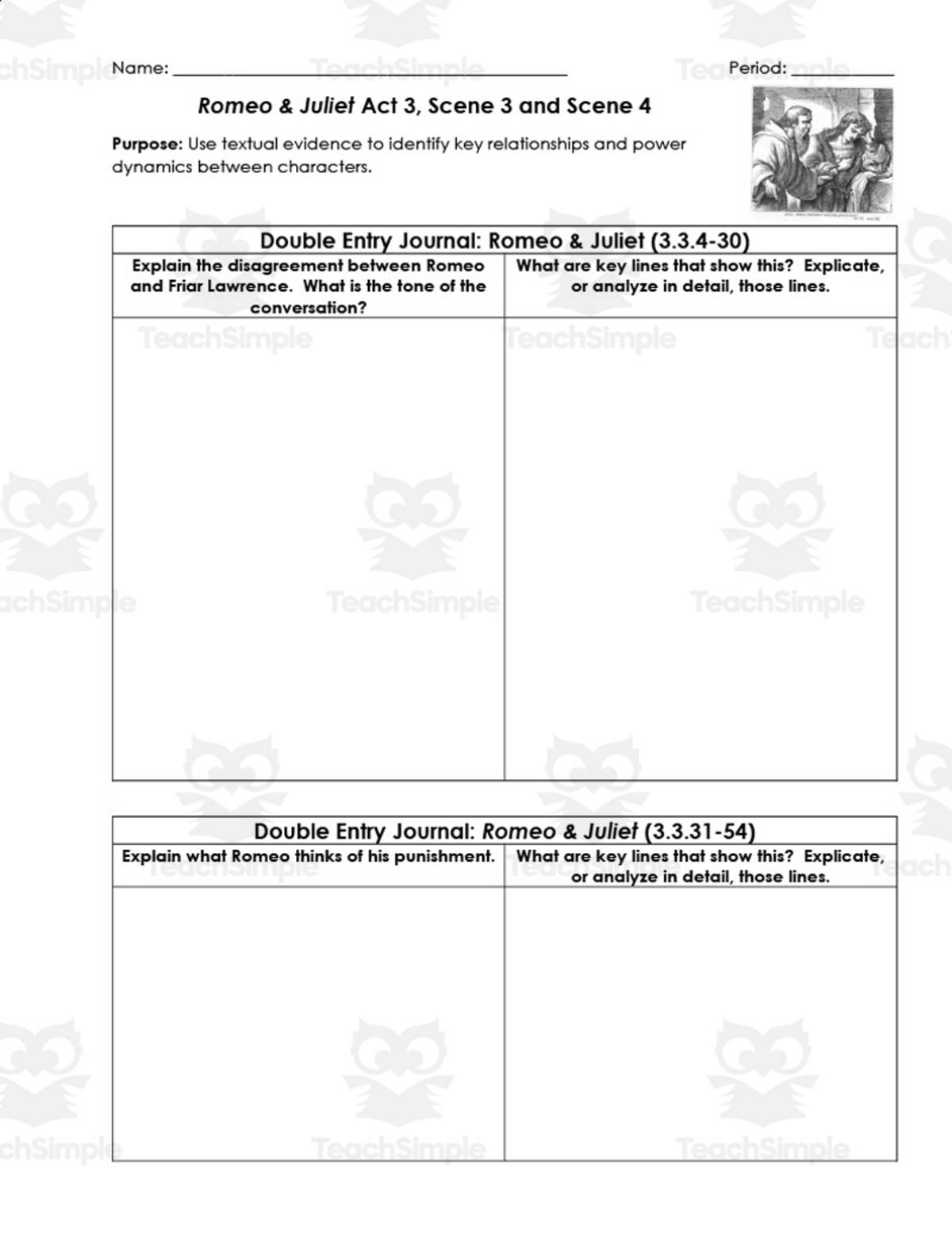 An educational teaching resource from ELA Resources entitled Romeo and Juliet Act 3, Scenes 3-4 | Double Entry Journals downloadable at Teach Simple.