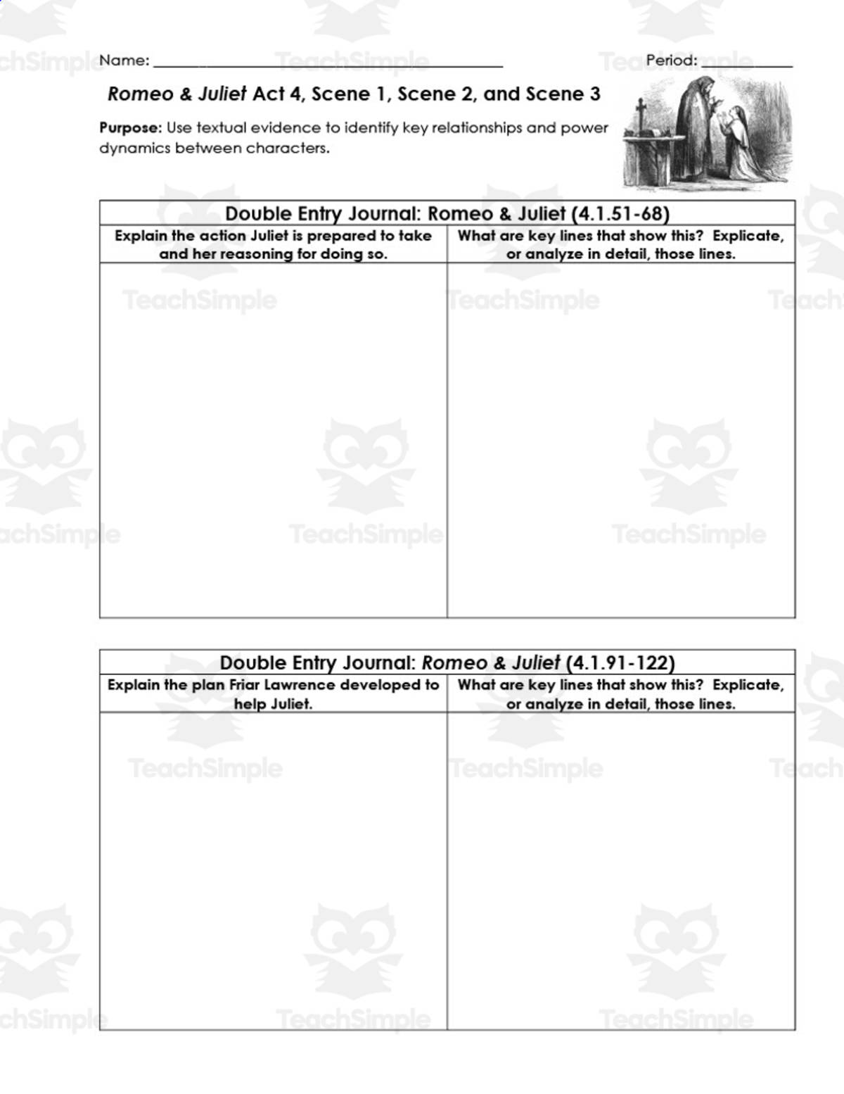 An educational teaching resource from ELA Resources entitled Romeo and Juliet Act 4, Scenes 1-3 | Double Entry Journals downloadable at Teach Simple.