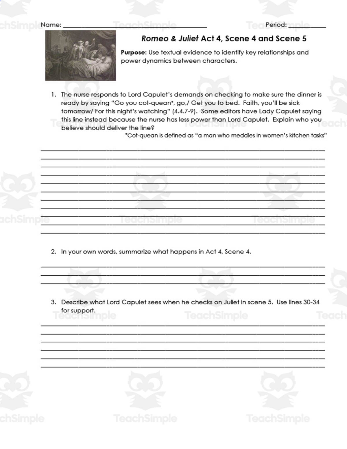 An educational teaching resource from ELA Resources entitled Romeo and Juliet Act 4, Scenes 4-5 | Double Entry Journals downloadable at Teach Simple.