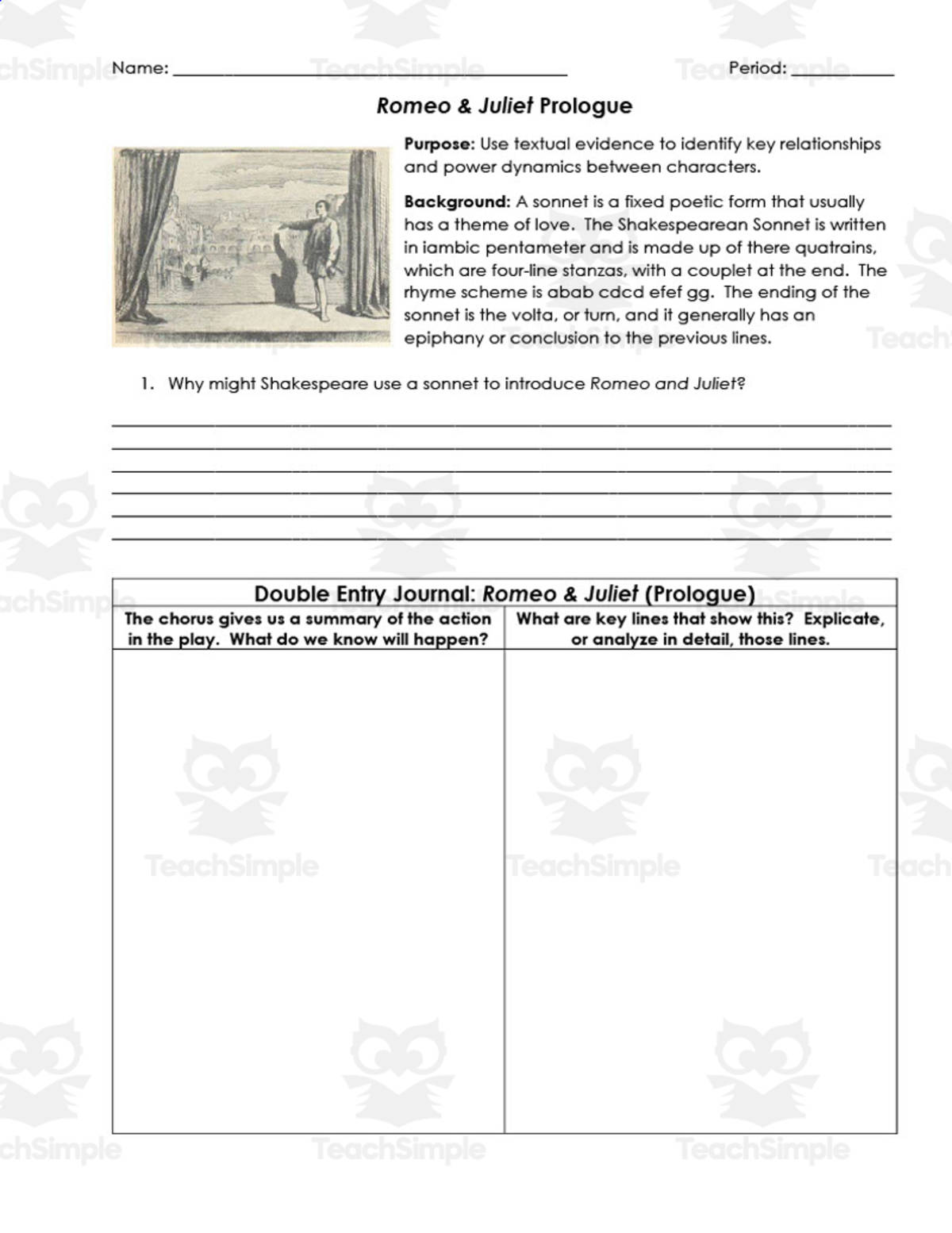 An educational teaching resource from ELA Resources entitled Romeo and Juliet Prologue | Double Entry Journals downloadable at Teach Simple.