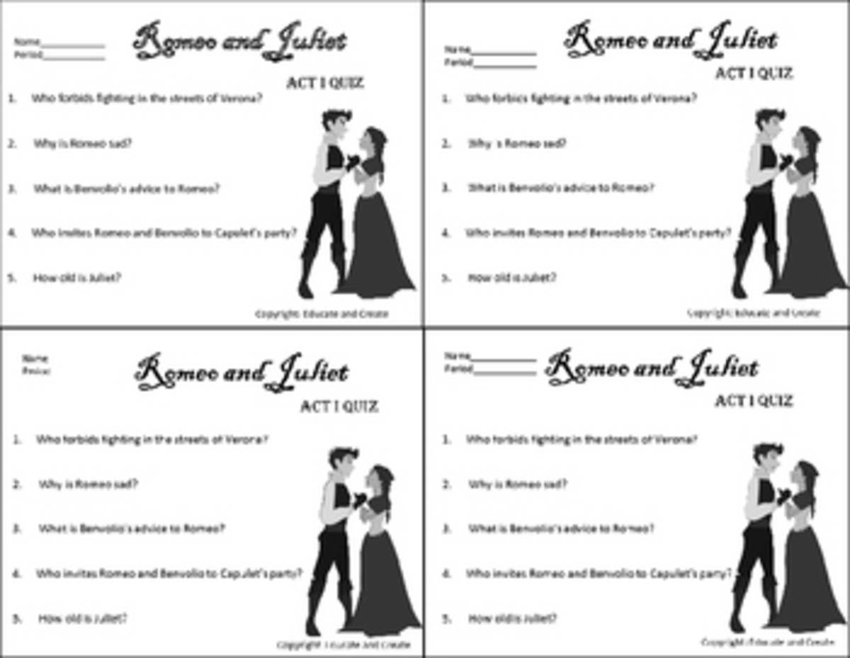 An educational teaching resource from Educate and Create entitled Romeo and Juliet Quizzes Acts 1-5 downloadable at Teach Simple.