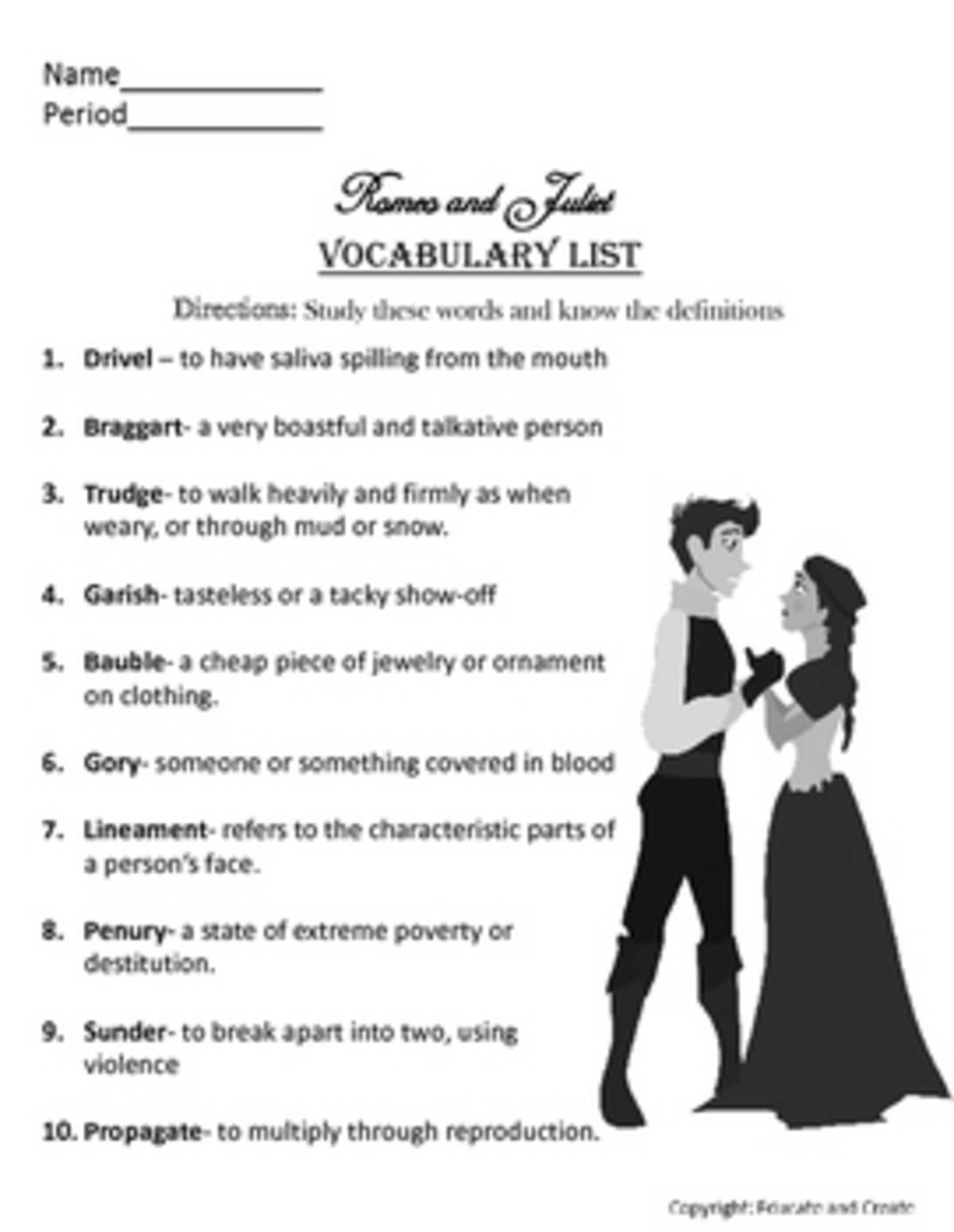 An educational teaching resource from Educate and Create entitled Romeo and Juliet Vocabulary words and quiz downloadable at Teach Simple.
