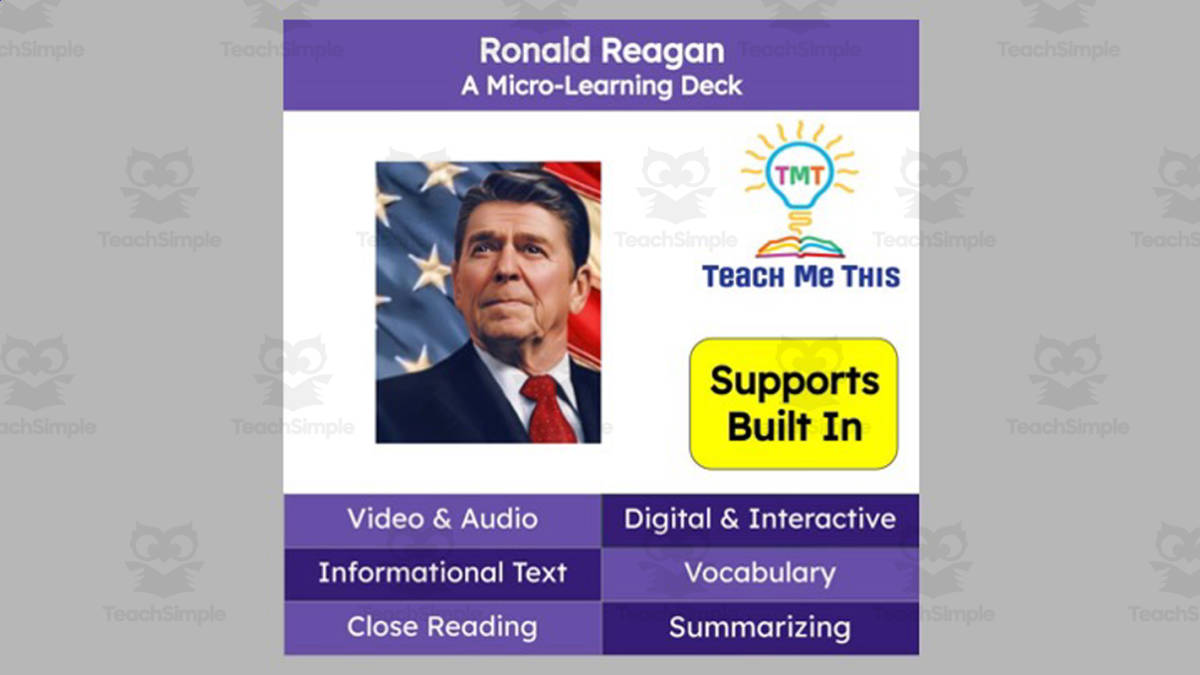 An educational teaching resource from Teach Me This entitled Ronald Reagan | Reading Comprehension Deck | Interactive Lesson downloadable at Teach Simple.