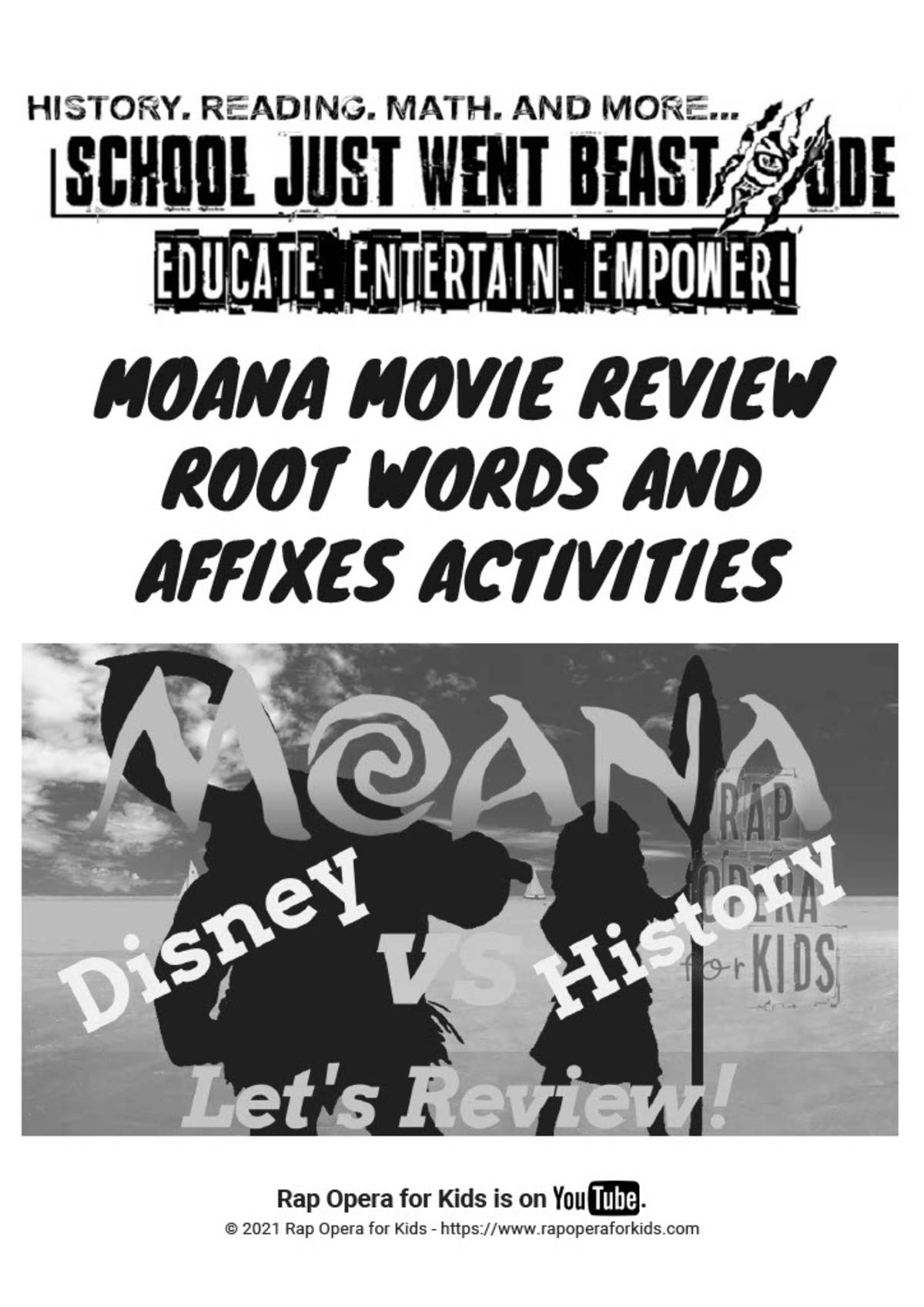An educational teaching resource from Rap Opera for Kids! entitled Root Words and Affixes Activities: Moana Movie | Passage with Questions downloadable at Teach Simple.