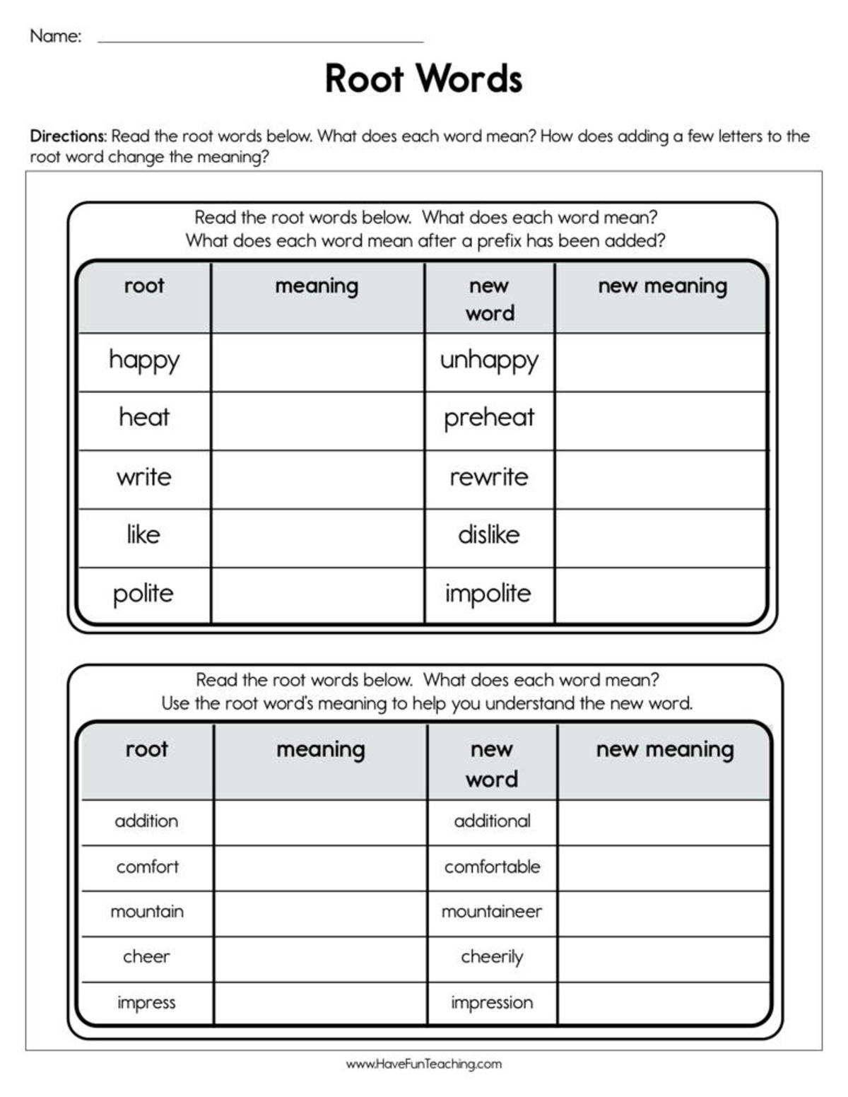 An educational teaching resource from Have Fun Teaching entitled Root Words Worksheet downloadable at Teach Simple.