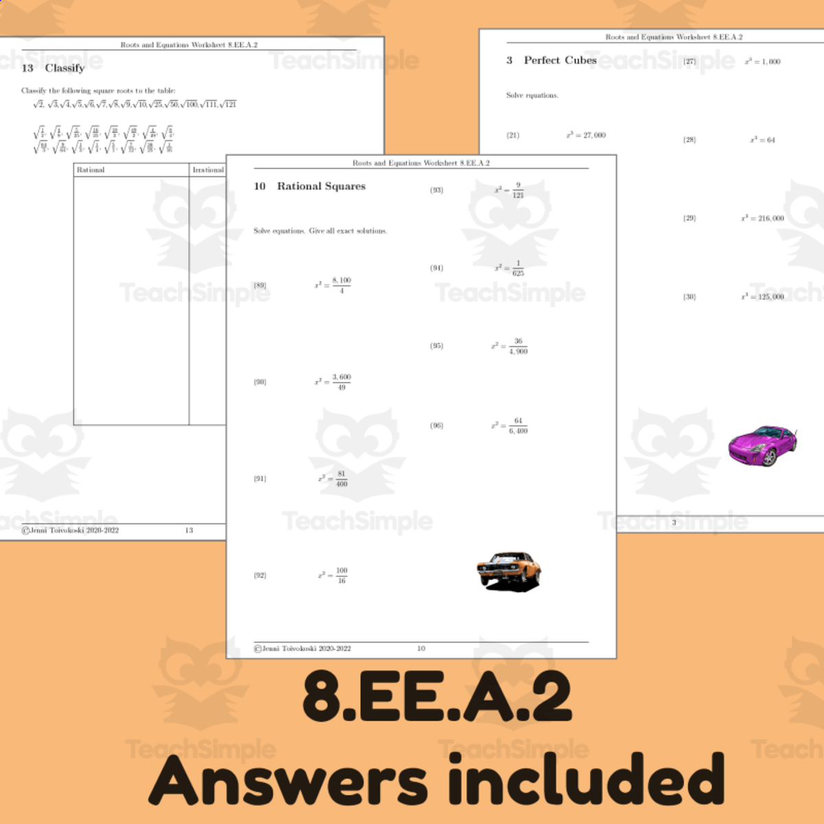 An educational teaching resource from TheBrightestKid entitled Roots and Equations Worksheet with Quadratic and Cubic Equations  8.EE.A.2 downloadable at Teach Simple.