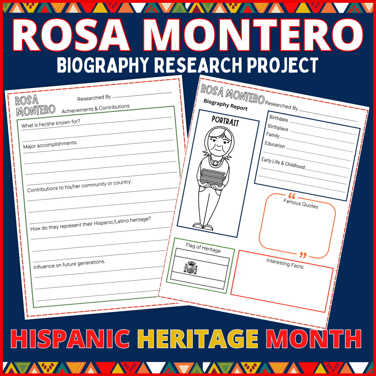 An educational teaching resource from Perfect_Printables entitled Rosa Montero Biography research project Hispanic heritage month downloadable at Teach Simple.