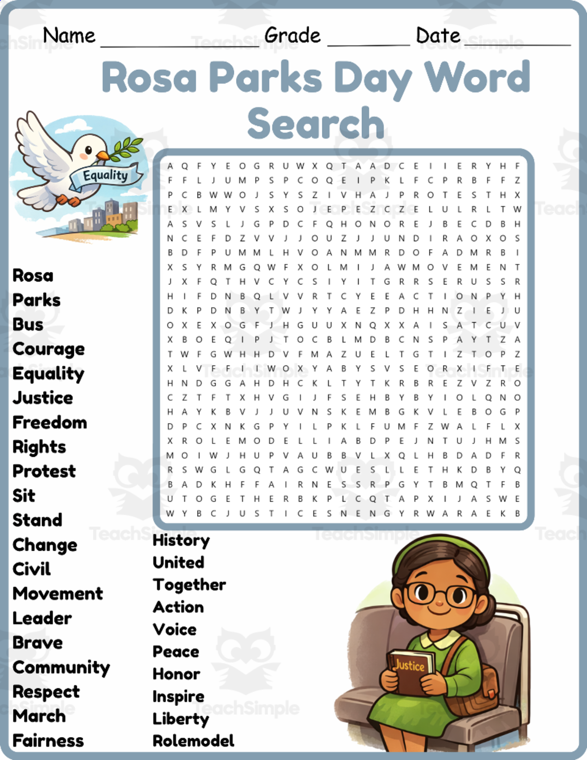An educational teaching resource from Classsimple entitled Rosa Parks Day Word Search 2rd 3th 4th 5th Grade worksheet activity downloadable at Teach Simple.