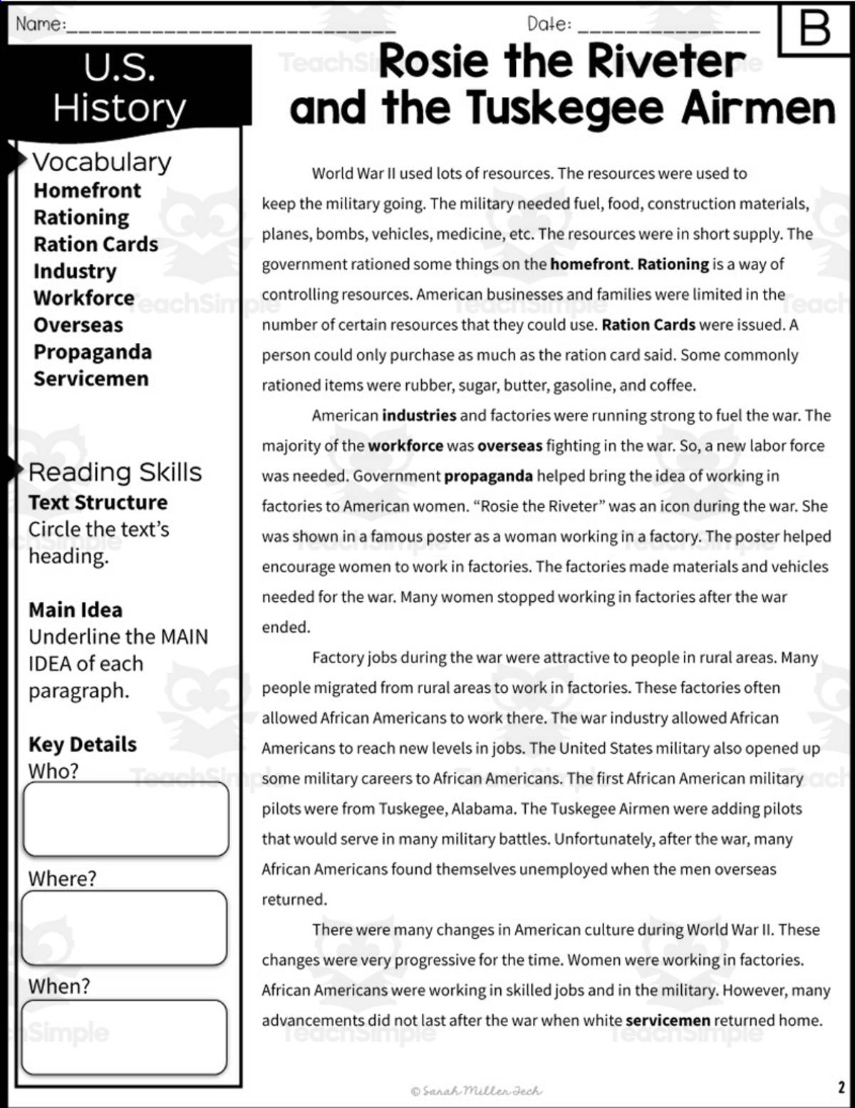 An educational teaching resource from Sarah Miller Tech entitled Rosie the Riveter and the Tuskegee Airmen Reading Packet downloadable at Teach Simple.