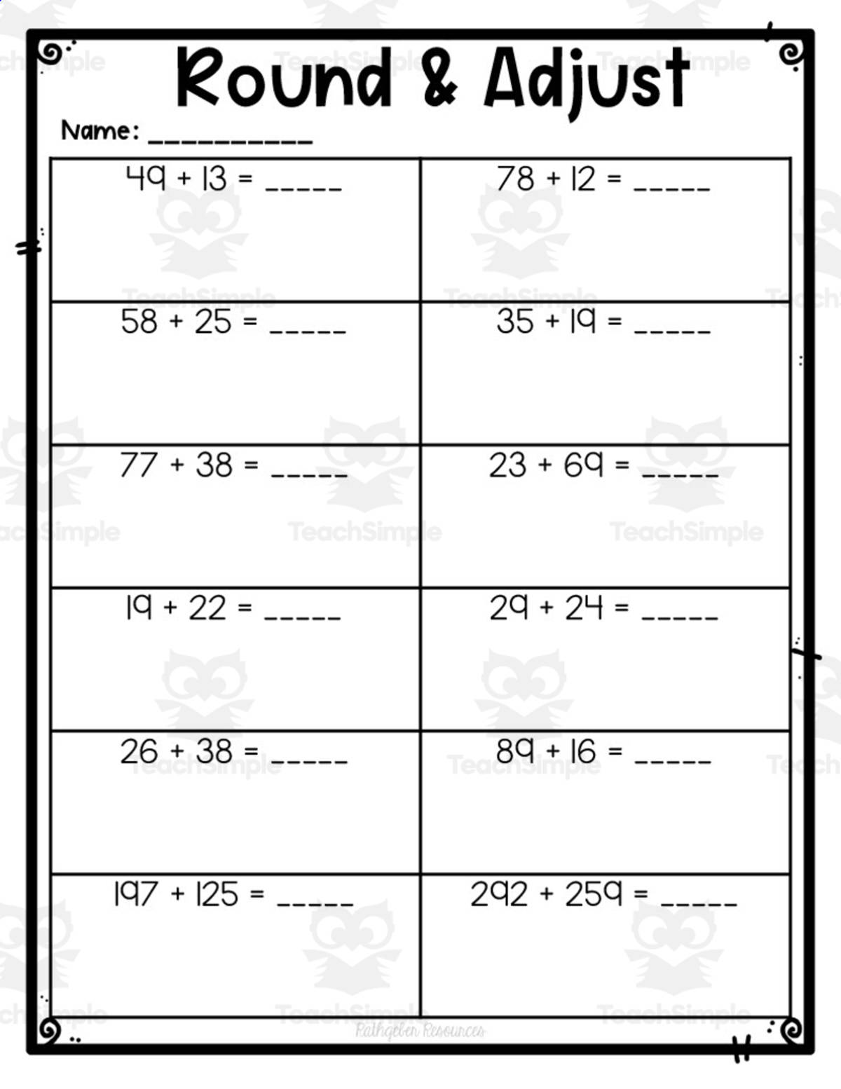 An educational teaching resource from Rathgeber Resources entitled Round & Adjust Worksheet downloadable at Teach Simple.
