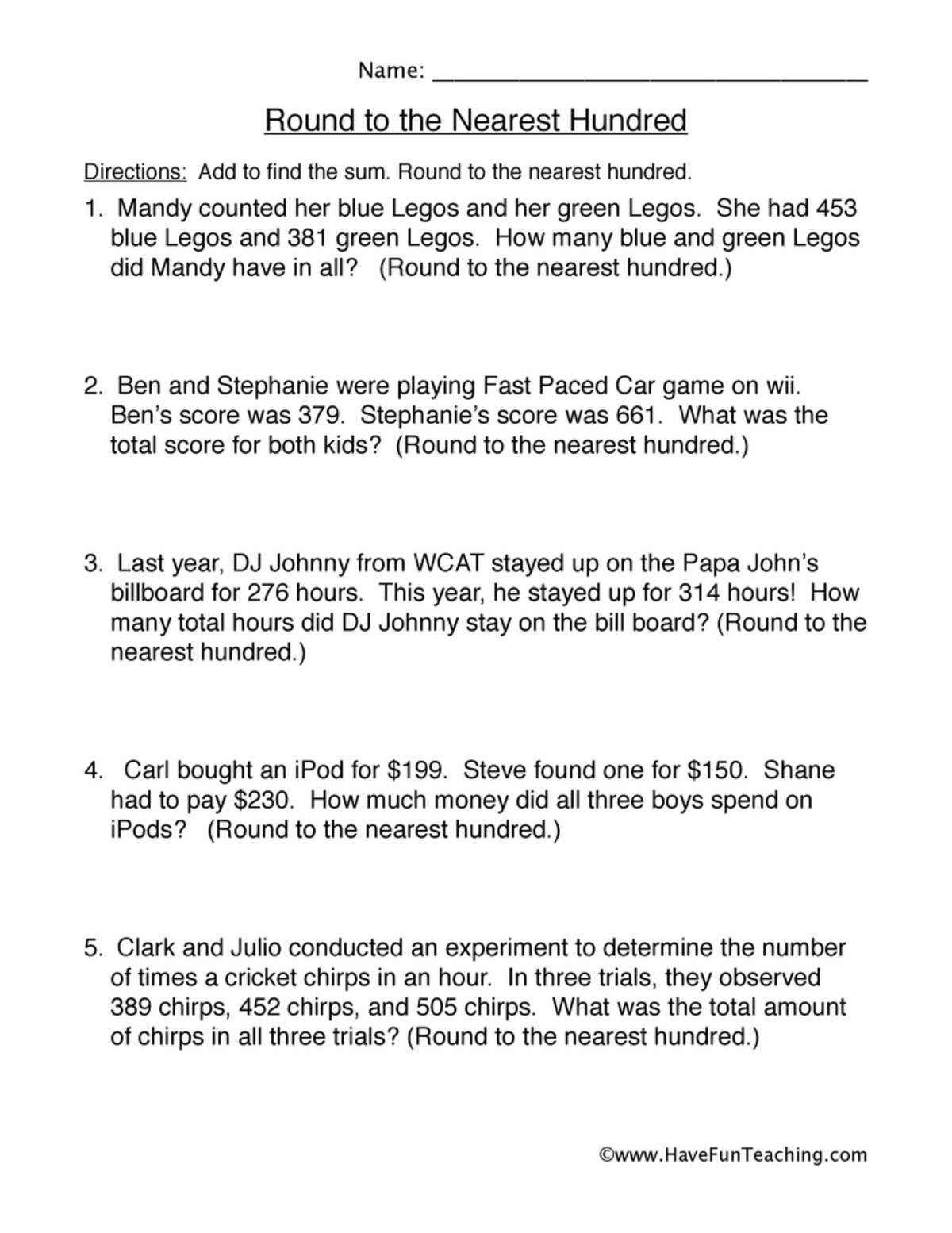 An educational teaching resource from Have Fun Teaching entitled Round to the Nearest Hundred Word Problems Worksheet downloadable at Teach Simple.