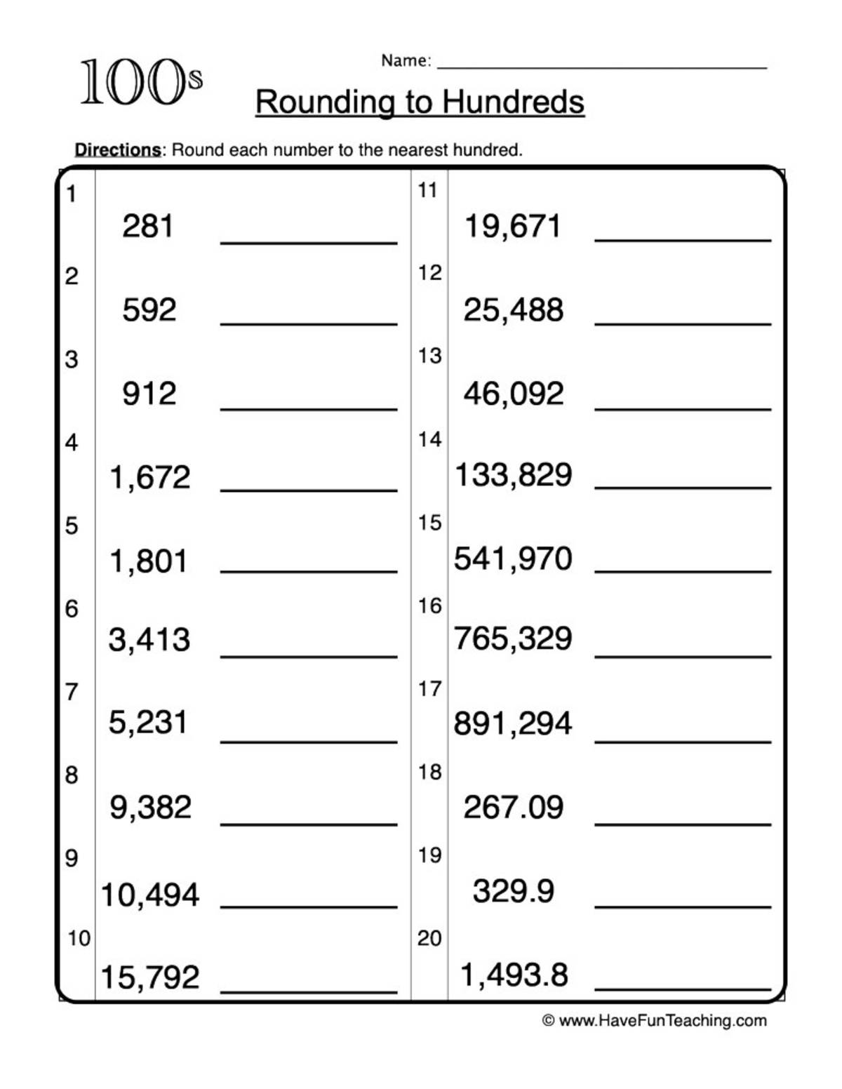 An educational teaching resource from Have Fun Teaching entitled Rounding to Hundreds Worksheet downloadable at Teach Simple.