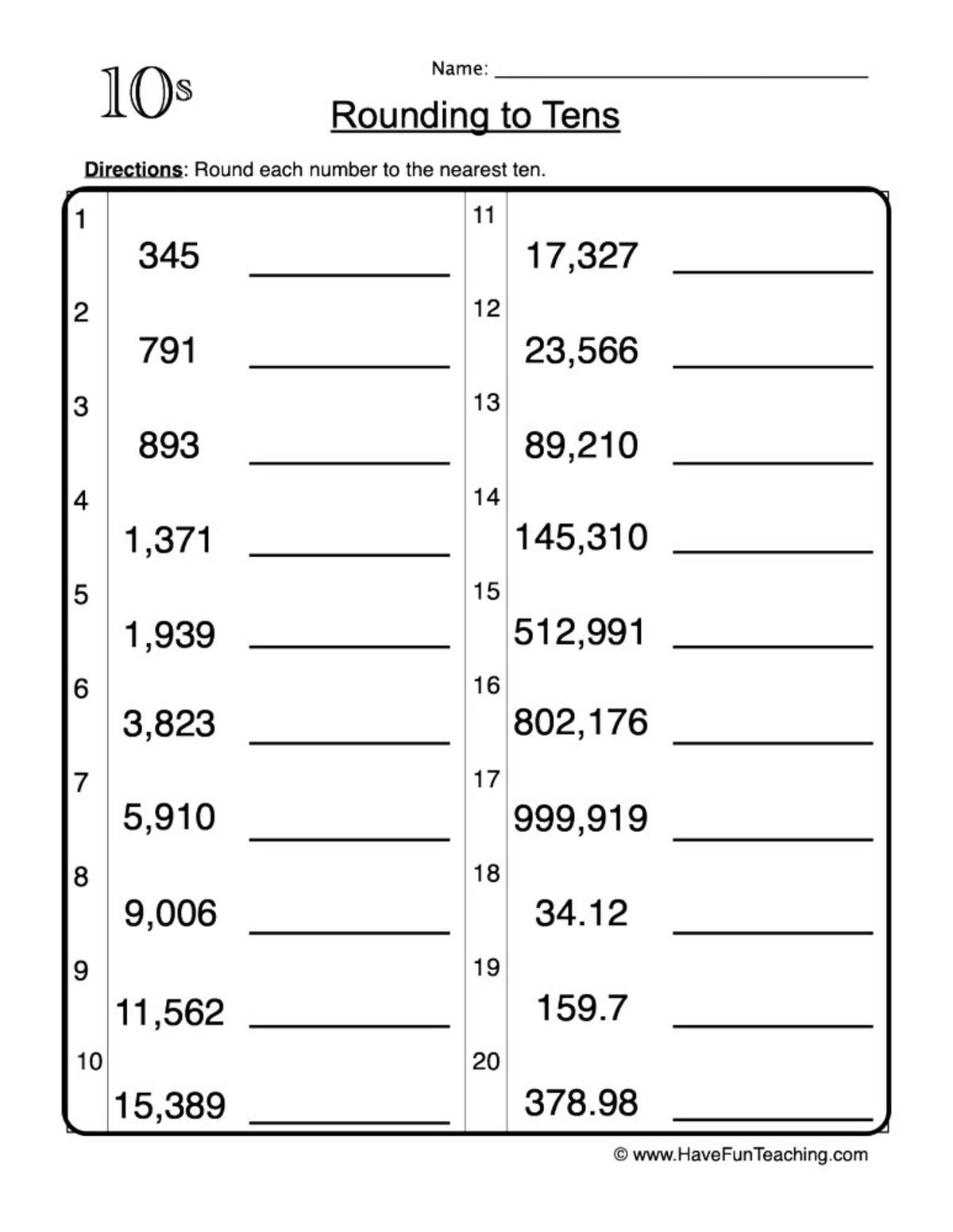 An educational teaching resource from Have Fun Teaching entitled Rounding to Tens Worksheet downloadable at Teach Simple.