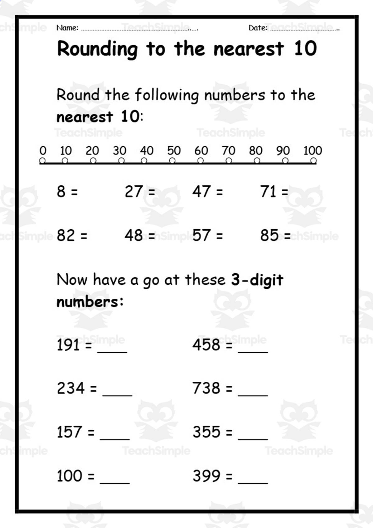 An educational teaching resource from Elementary Resources 4 U entitled Rounding to the Nearest 10 Worksheet downloadable at Teach Simple.