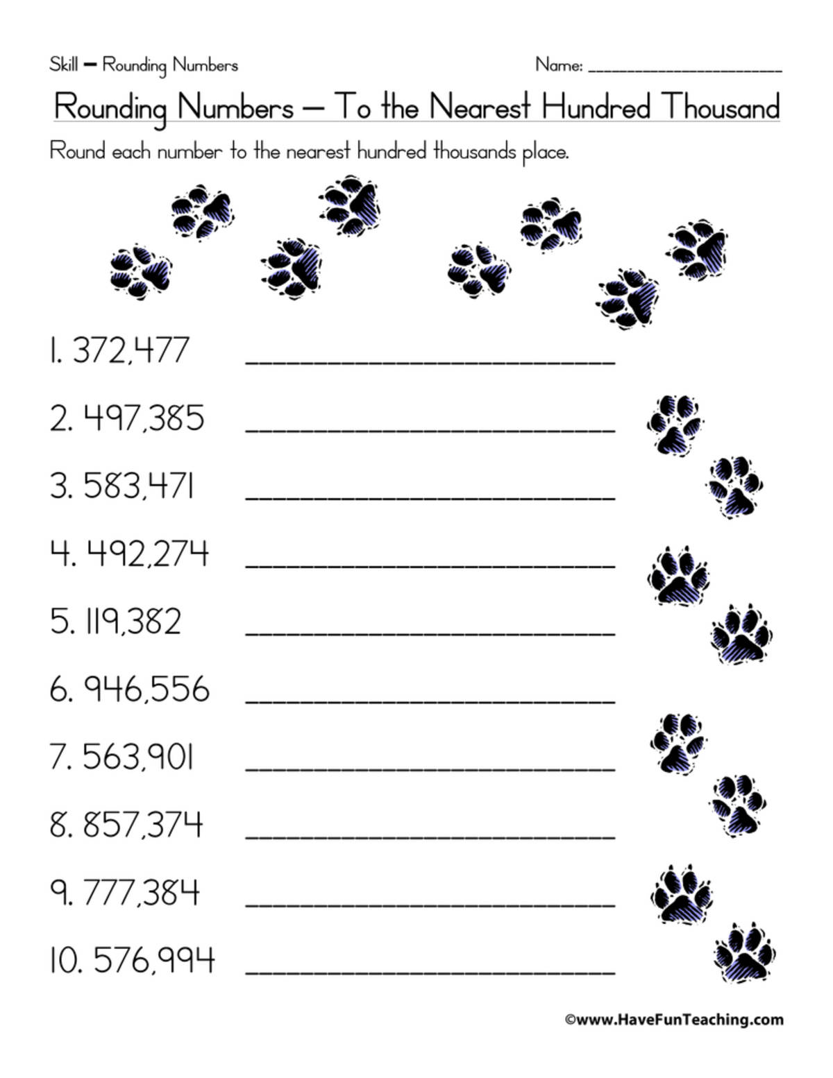 An educational teaching resource from Have Fun Teaching entitled Rounding to the Nearest Hundred Thousand Worksheet downloadable at Teach Simple.