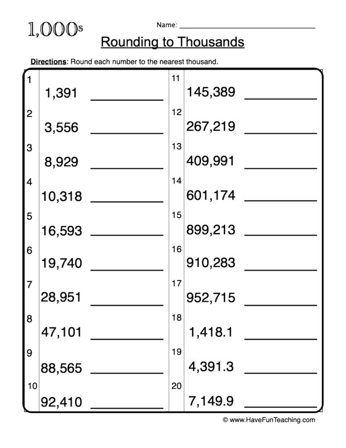 An educational teaching resource from Have Fun Teaching entitled Rounding to Thousands Worksheet downloadable at Teach Simple.