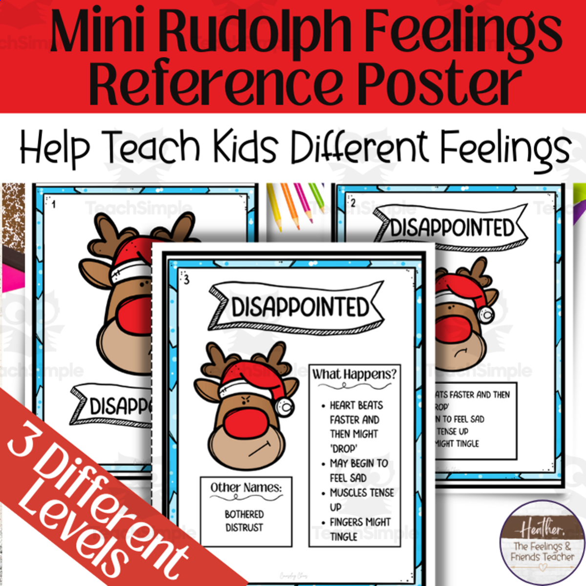 An educational teaching resource from The Feelings and Friends Teacher entitled Rudolph The Red-Nosed Reindeer Mini Emotions Reference Posters downloadable at Teach Simple.