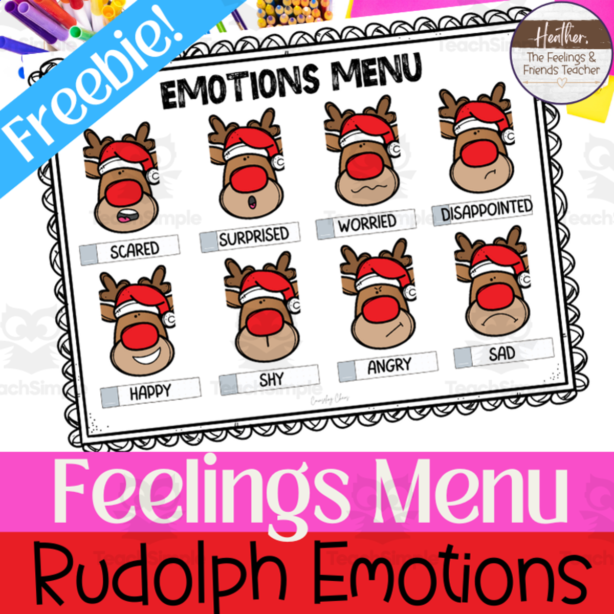 An educational teaching resource from The Feelings and Friends Teacher entitled Rudolph's Feeling Faces Menu-- Emotions Chart and Reference Poster downloadable at Teach Simple.