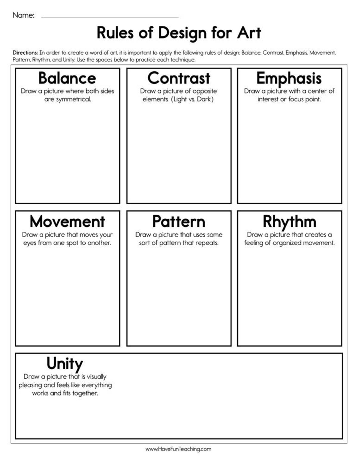 An educational teaching resource from Have Fun Teaching entitled Rules of Design for Art Worksheet downloadable at Teach Simple.