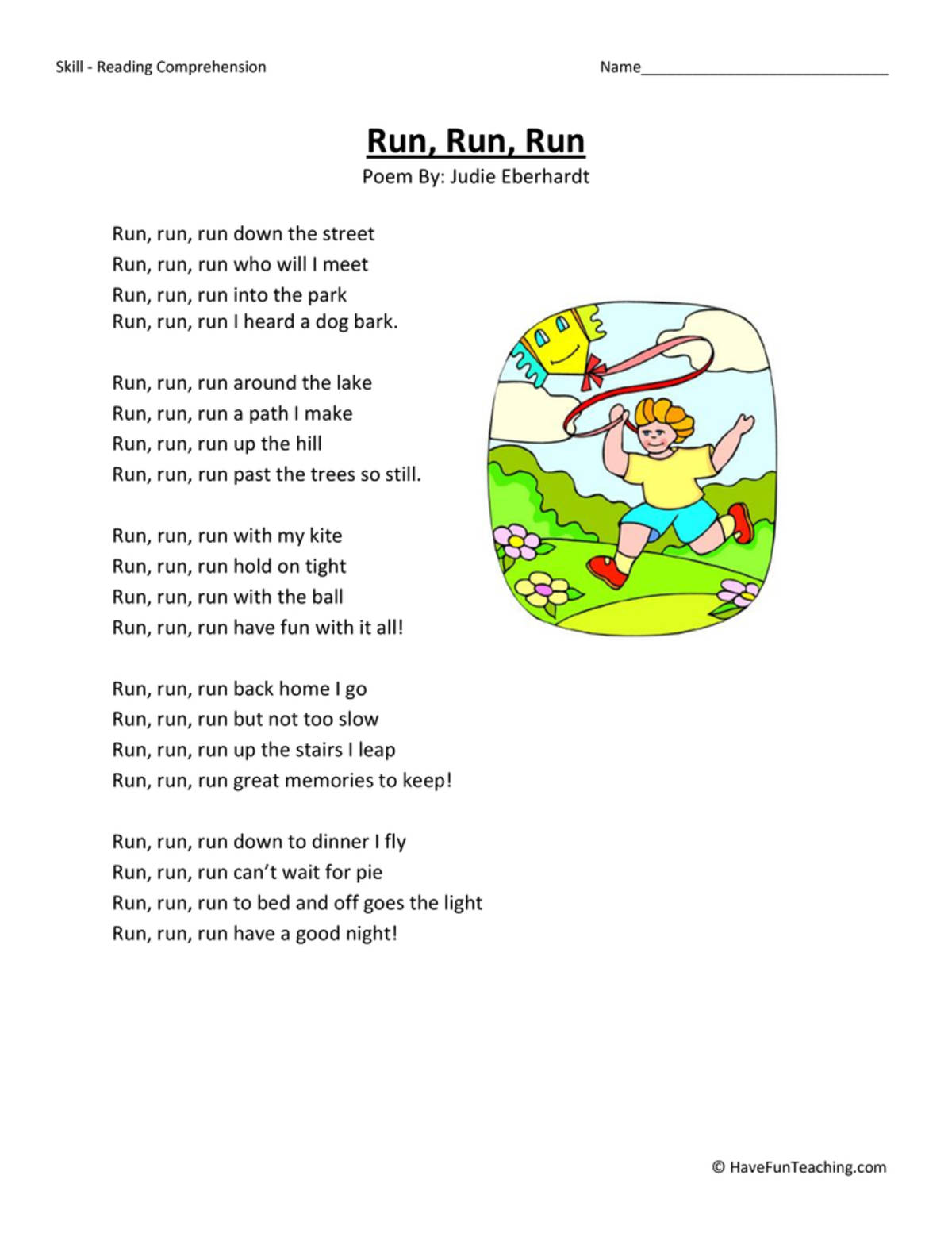An educational teaching resource from Have Fun Teaching entitled Run, Run, Run Reading Comprehension Worksheet downloadable at Teach Simple.