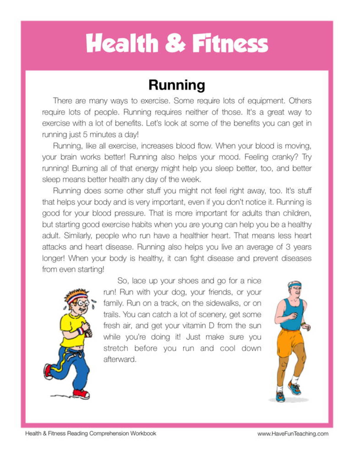 An educational teaching resource from Have Fun Teaching entitled Running Health and Fitness Reading Comprehension Worksheet downloadable at Teach Simple.