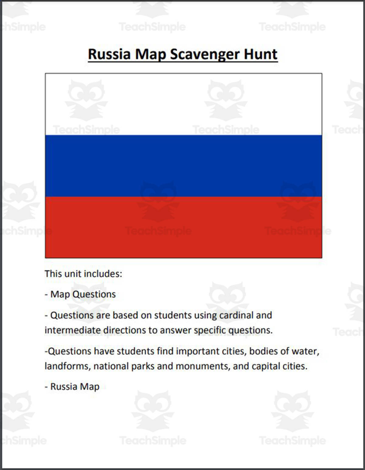 An educational teaching resource from Mr. Matthews Teacher Store entitled Russia Map Scavenger Hunt downloadable at Teach Simple.