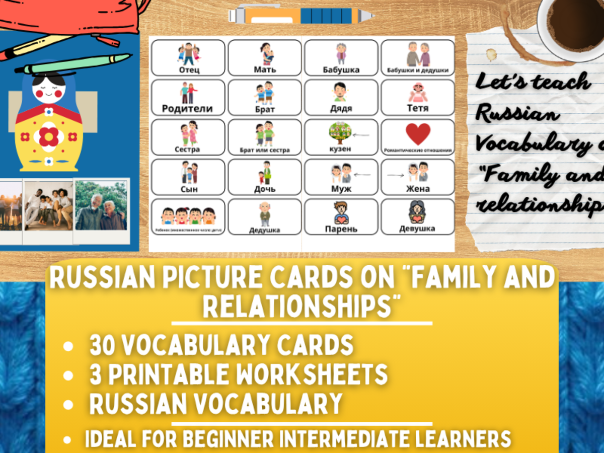 An educational teaching resource from Learning with Alan entitled Russian Picture Vocabulary Flashcards - Family & Relationships downloadable at Teach Simple.
