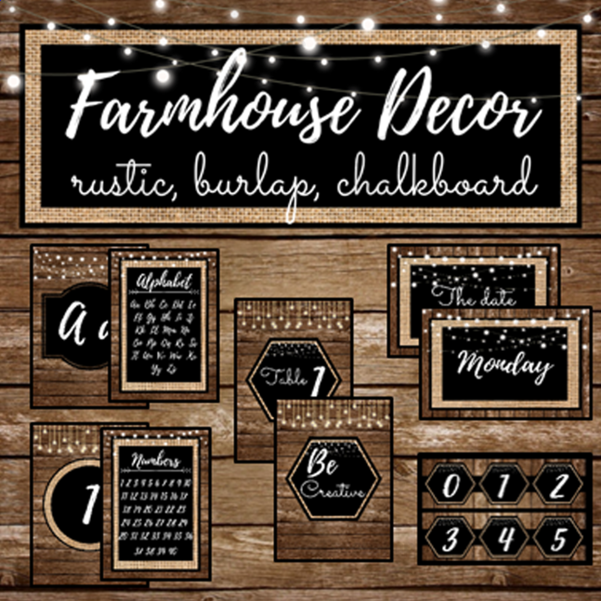 An educational teaching resource from Magical World Designs entitled Rustic Farmhouse Classroom Decor Set - Rustic wood, Shirlap, Burlap & chalkboard patterns theme downloadable at Teach Simple.