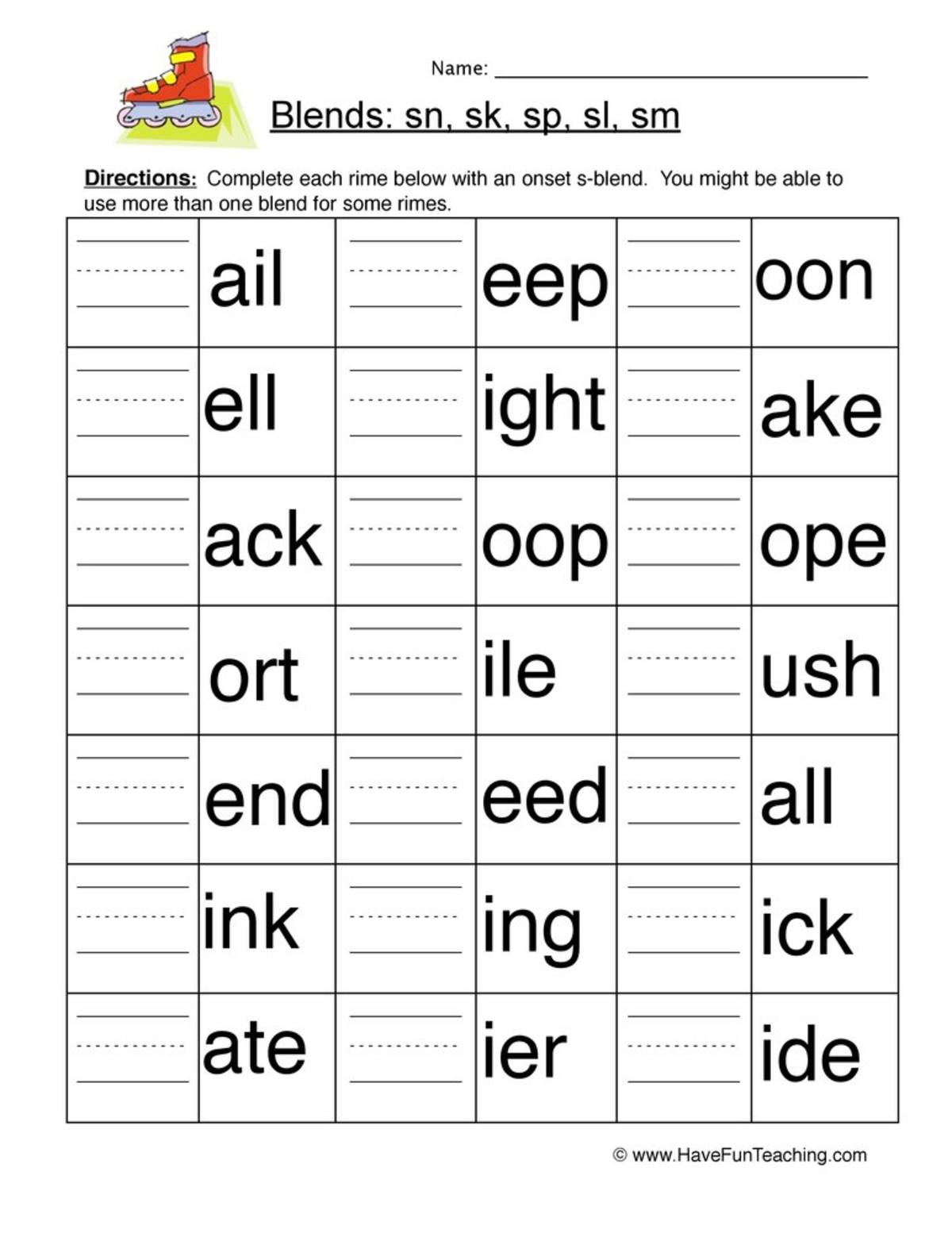 An educational teaching resource from Have Fun Teaching entitled S Blends Worksheet downloadable at Teach Simple.