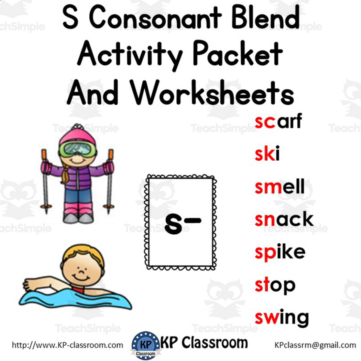 An educational teaching resource from KP Classroom entitled S Consonant Blend Activity Packet and Worksheets downloadable at Teach Simple.