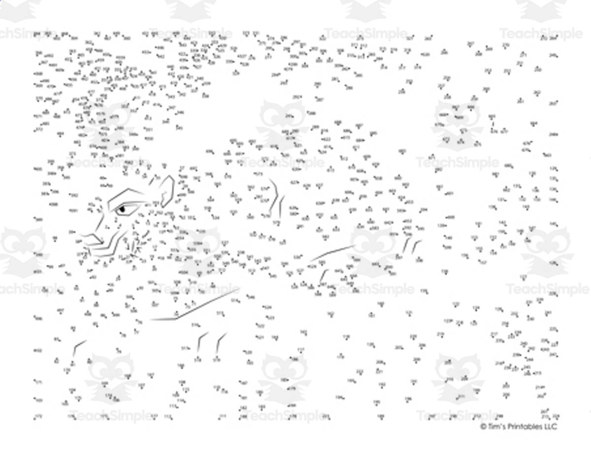 An educational teaching resource from Tim's Printables entitled Saber-Toothed Tiger Extreme Connect the Dots / Dot-to-Dot PDF downloadable at Teach Simple.
