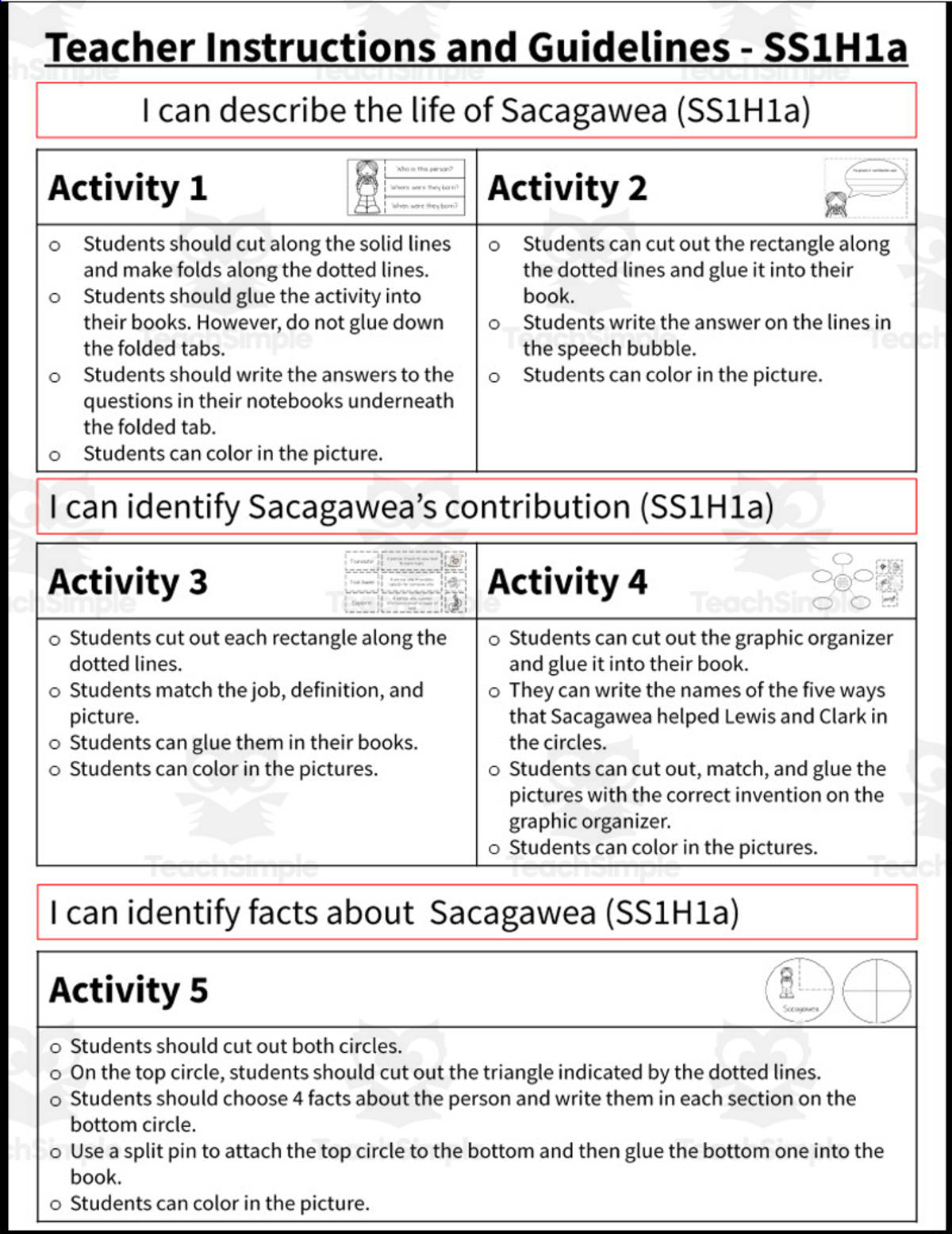 An educational teaching resource from Sarah Miller Tech entitled Sacagawea Interactive Notebook | SS1H1a, SS1H1b, SS1G1a, SS1CG1 downloadable at Teach Simple.