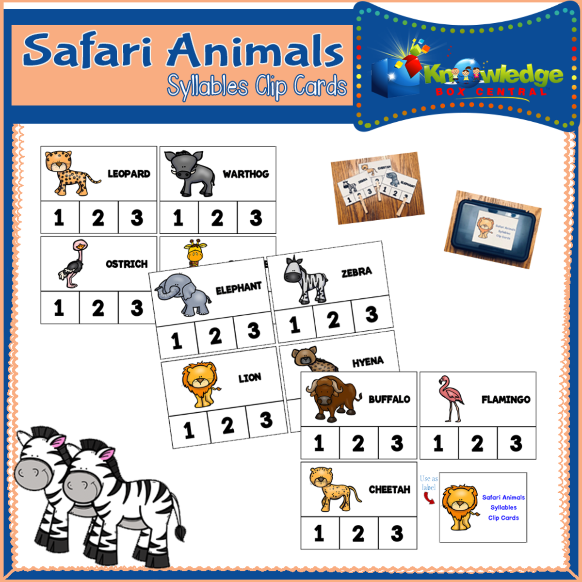An educational teaching resource from Knowledge Box Central entitled Safari Animals Syllables Clip Cards - EBOOK downloadable at Teach Simple.