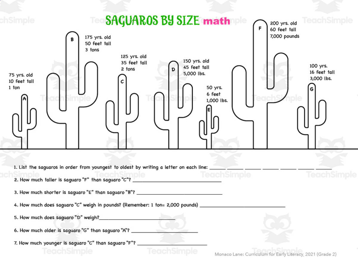 An educational teaching resource from Monaco Lane Curriculum for Early Literacy entitled Saguaros By Size | Ordering Math Worksheet downloadable at Teach Simple.