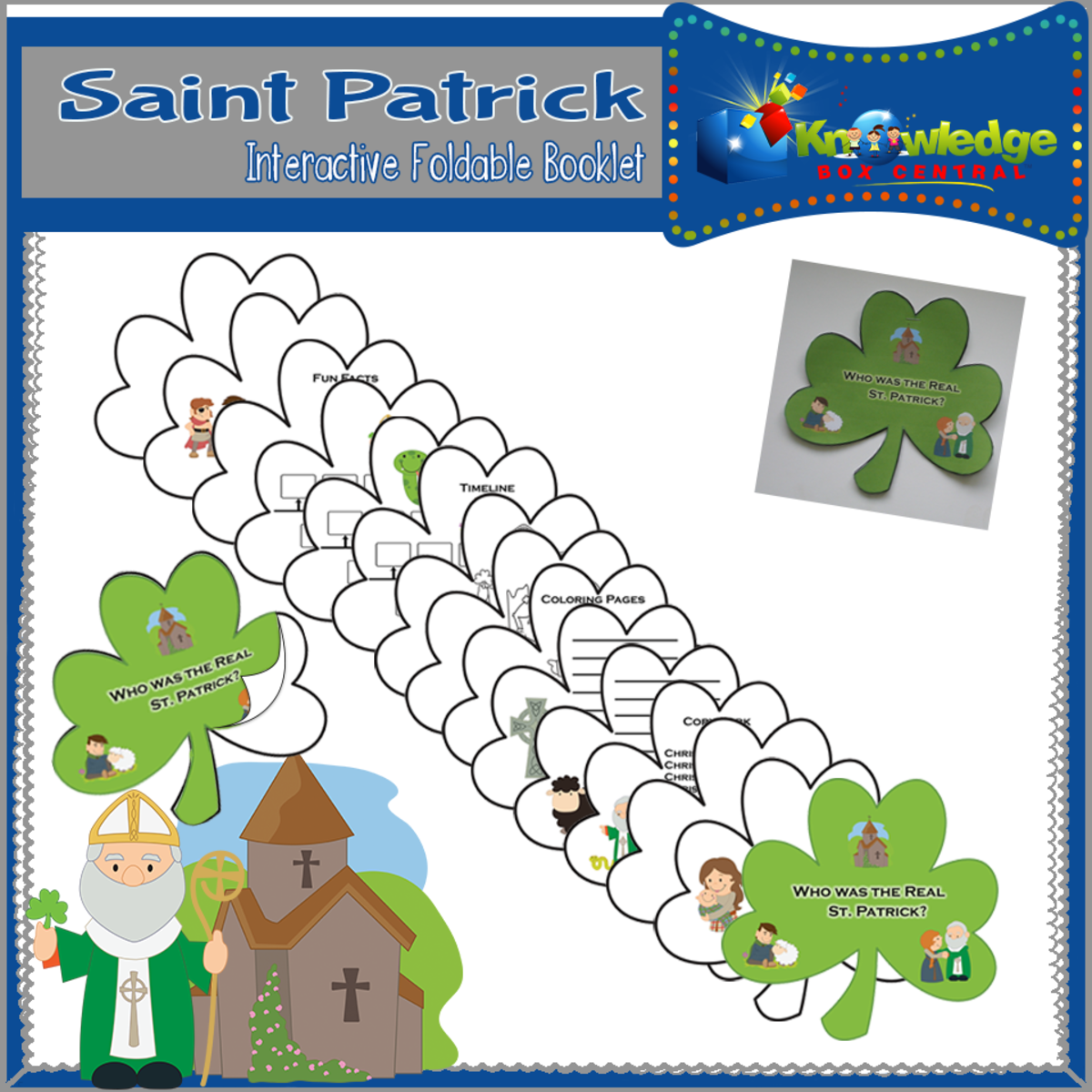 An educational teaching resource from Knowledge Box Central entitled Saint Patrick Interactive Foldable Booklet – EBOOK downloadable at Teach Simple.