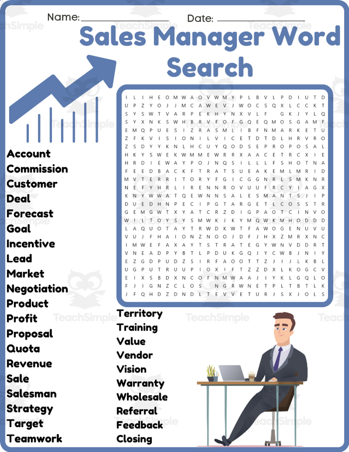 An educational teaching resource from space shope entitled Sales Manager Word Search Puzzle Worksheet Activities (4th, 5th, 6th downloadable at Teach Simple.