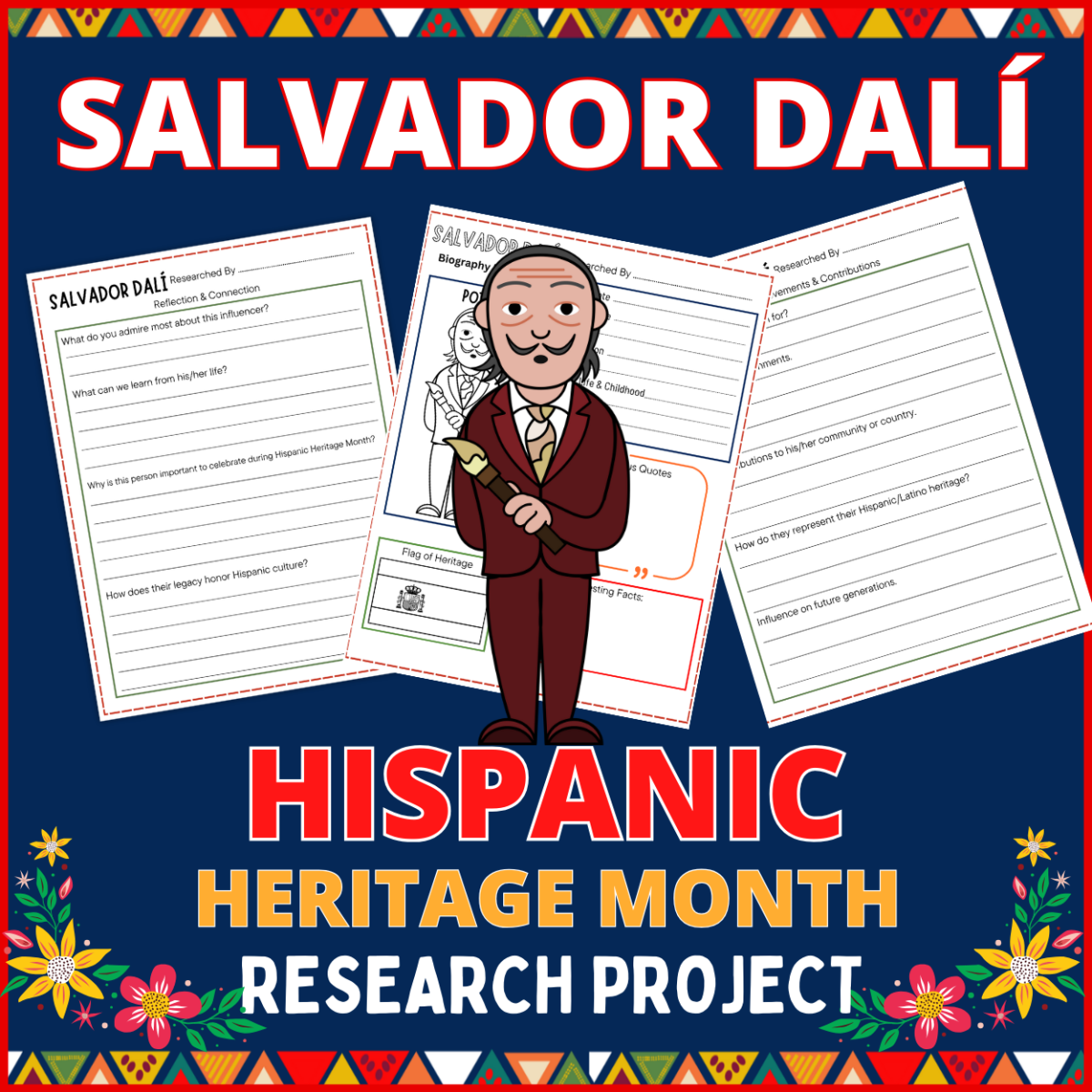 An educational teaching resource from Perfect_Printables entitled Salvador Dalí Biography research project, Hispanic heritage month downloadable at Teach Simple.