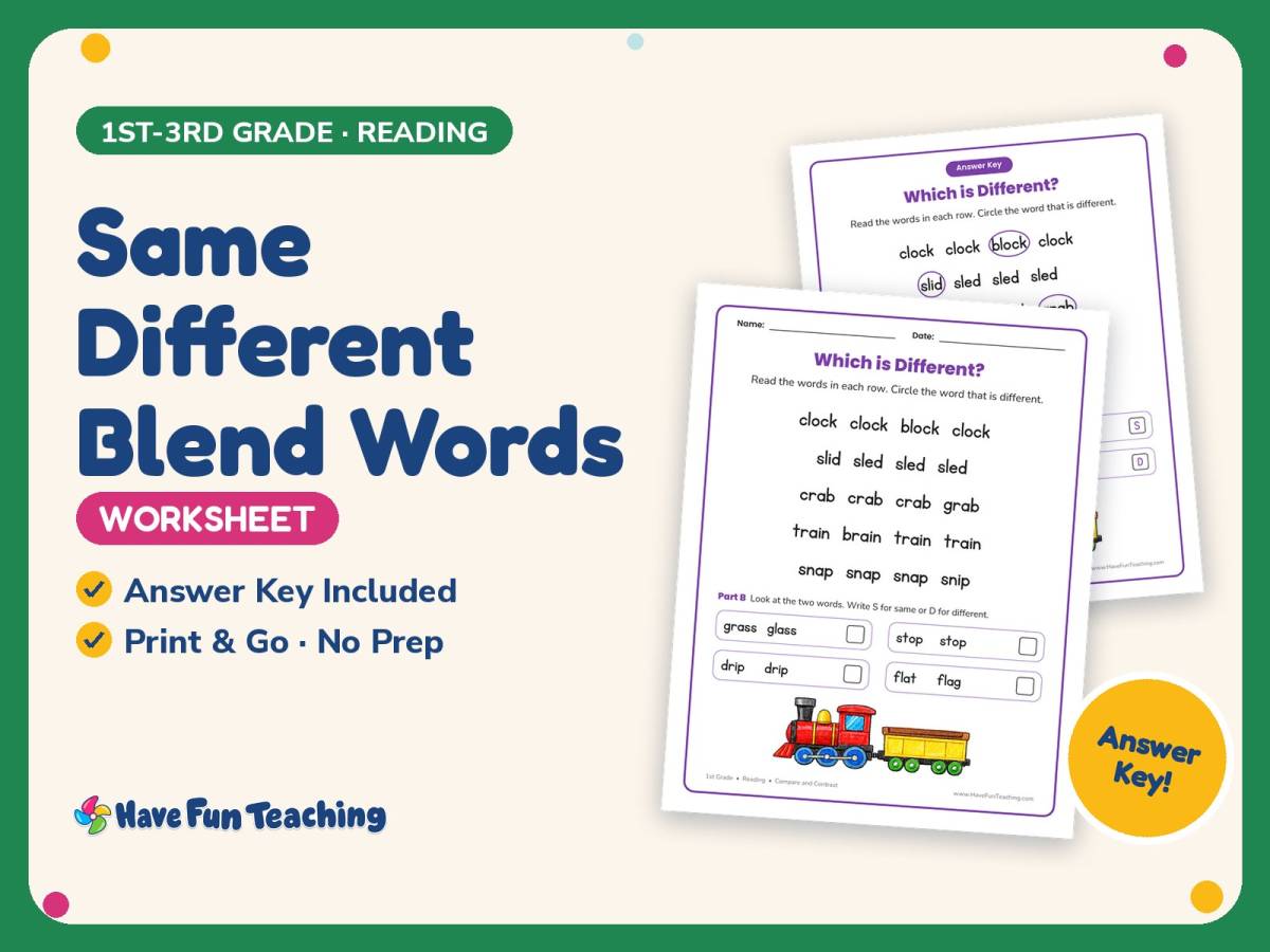 Same Different Blend Words Worksheet – 1st-3rd Grade Practice preview