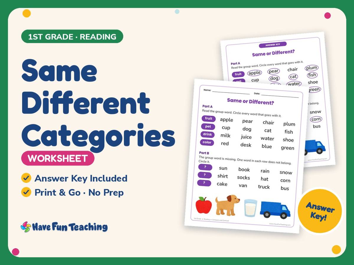 Same Different Categories Worksheet – 1st Grade Compare and Contrast preview