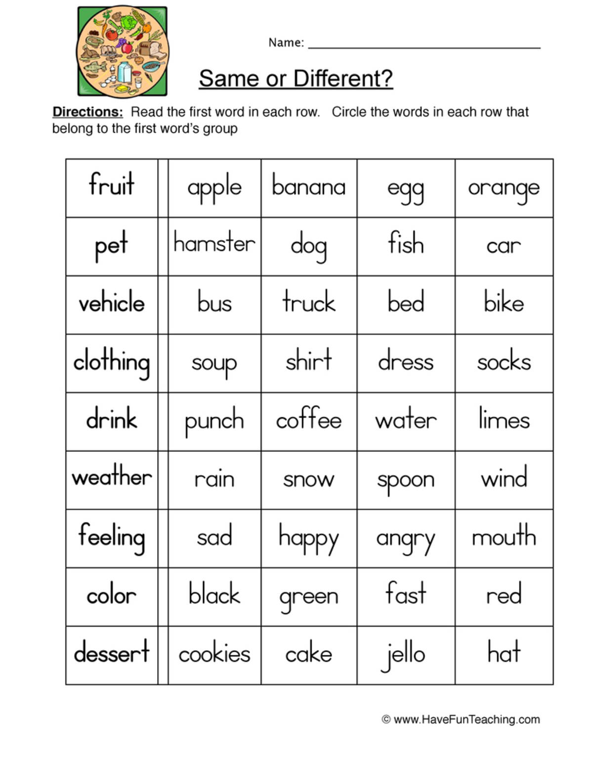 An educational teaching resource from Have Fun Teaching entitled Same Different Categories Worksheet downloadable at Teach Simple.