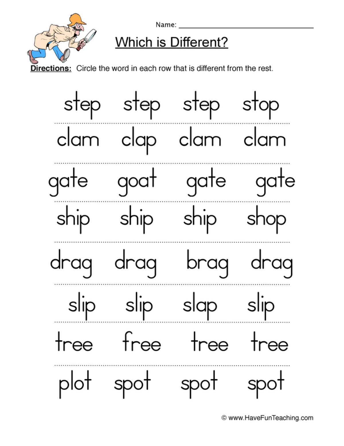 An educational teaching resource from Have Fun Teaching entitled Same Different Four Letter Words Worksheet downloadable at Teach Simple.
